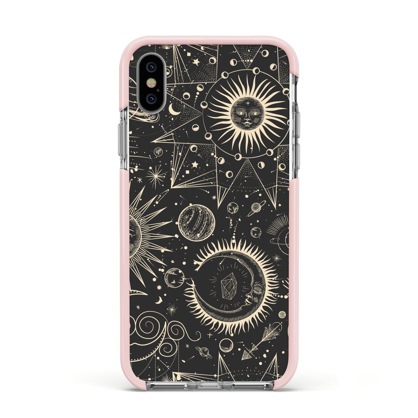 Moon Phases Apple iPhone Xs Impact Case Pink Edge on Silver Phone