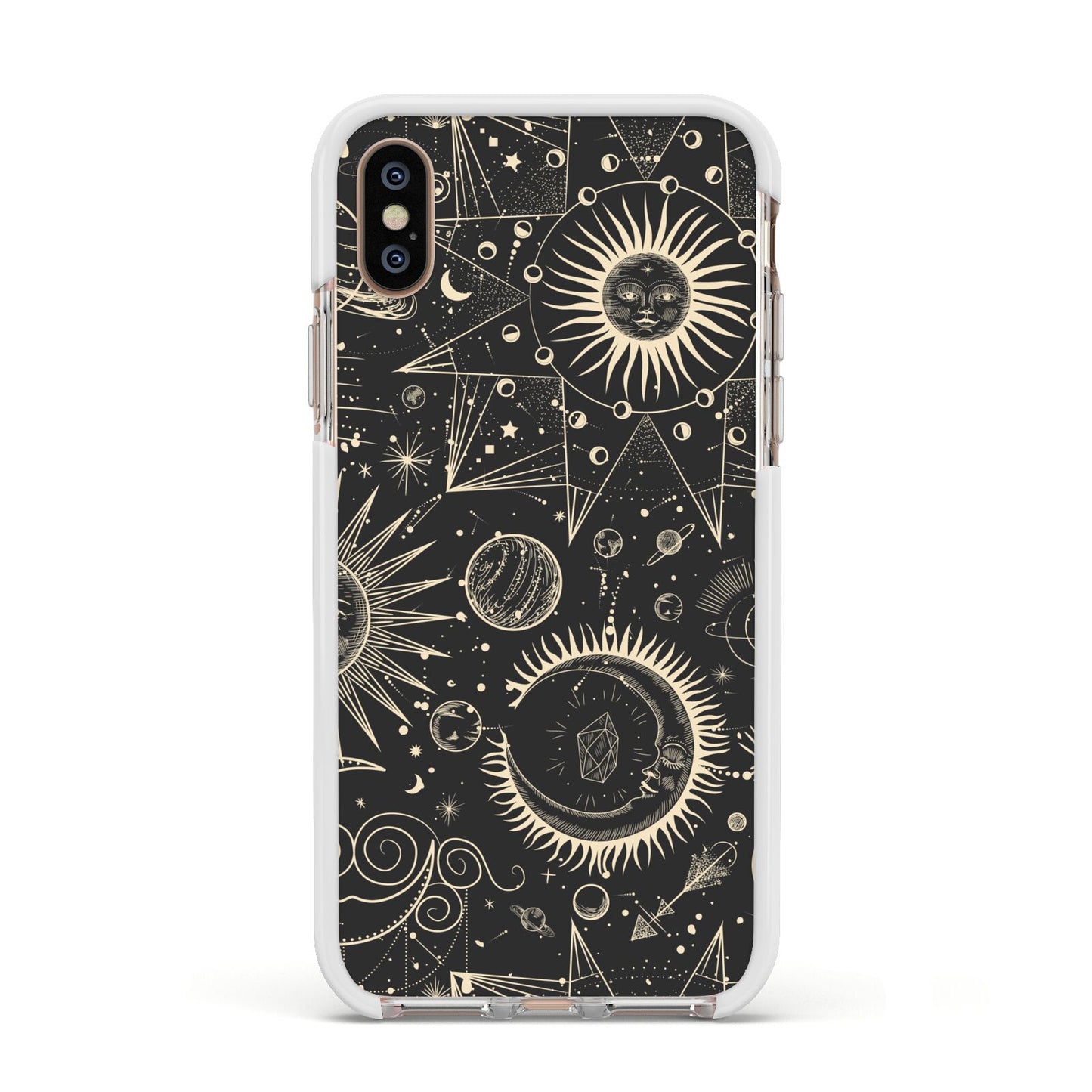 Moon Phases Apple iPhone Xs Impact Case White Edge on Gold Phone
