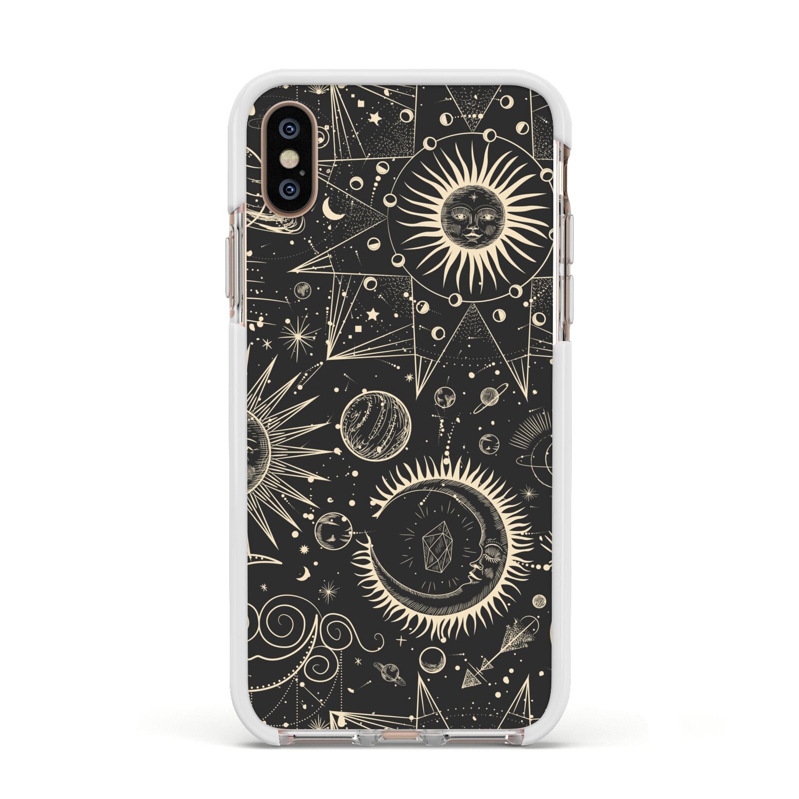 Moon Phases Apple iPhone Xs Impact Case White Edge on Gold Phone