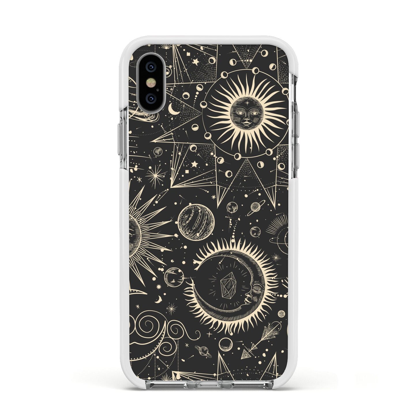 Moon Phases Apple iPhone Xs Impact Case White Edge on Silver Phone