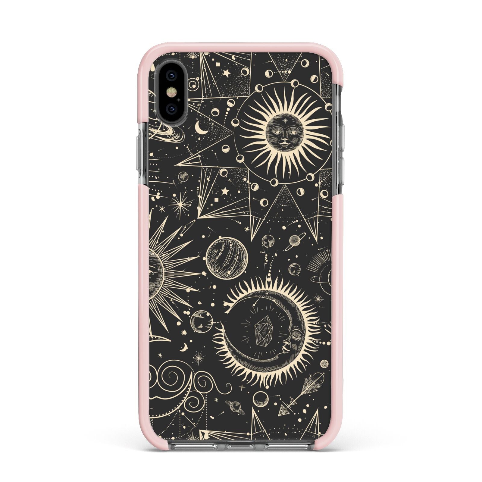 Moon Phases Apple iPhone Xs Max Impact Case Pink Edge on Black Phone