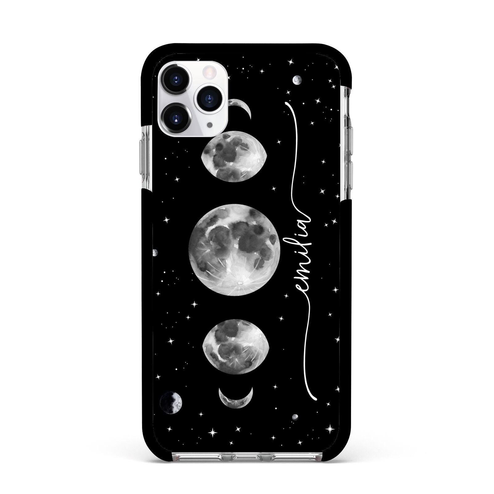 Moon Phases Personalised Name Apple iPhone 11 Pro Max in Silver with Black Impact Case