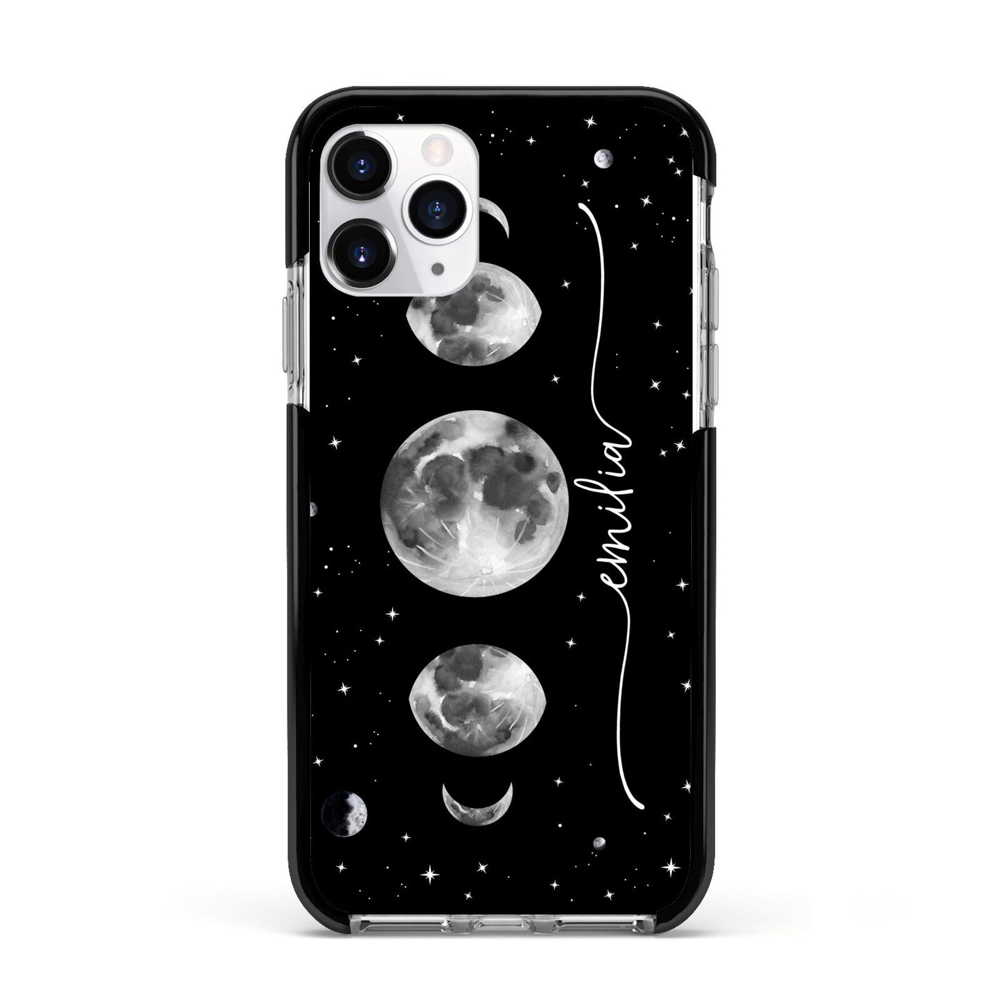 Moon Phases Personalised Name Apple iPhone 11 Pro in Silver with Black Impact Case