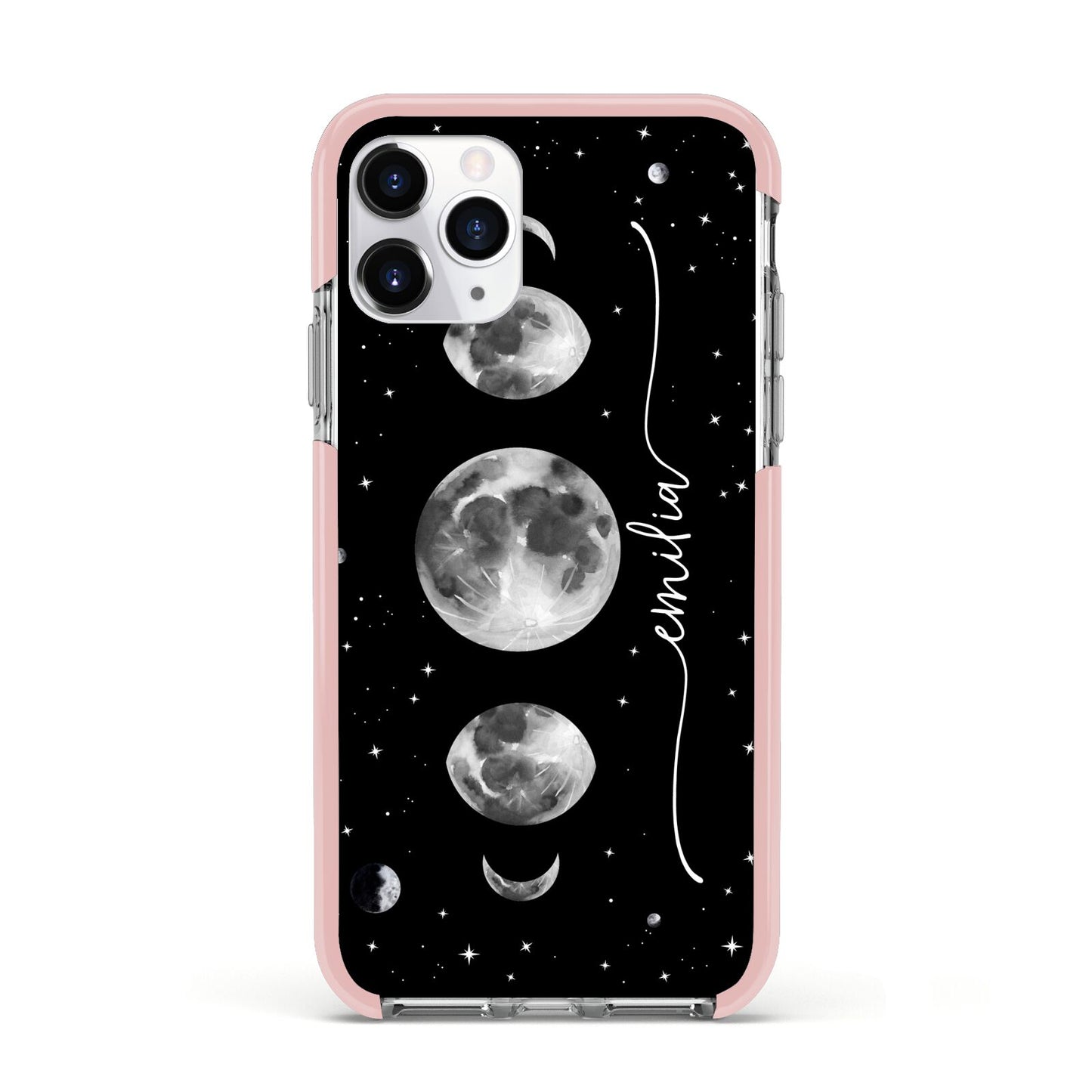 Moon Phases Personalised Name Apple iPhone 11 Pro in Silver with Pink Impact Case