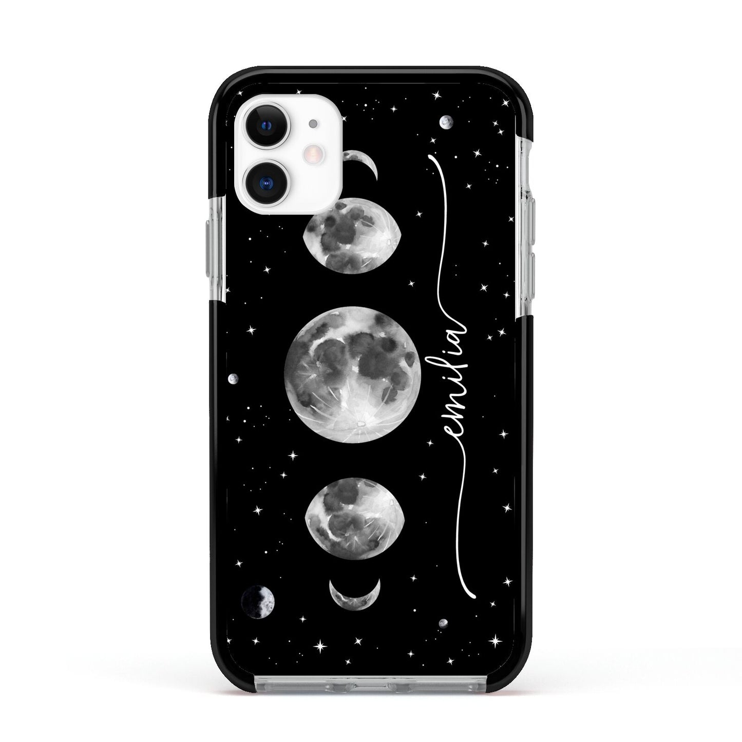 Moon Phases Personalised Name Apple iPhone 11 in White with Black Impact Case