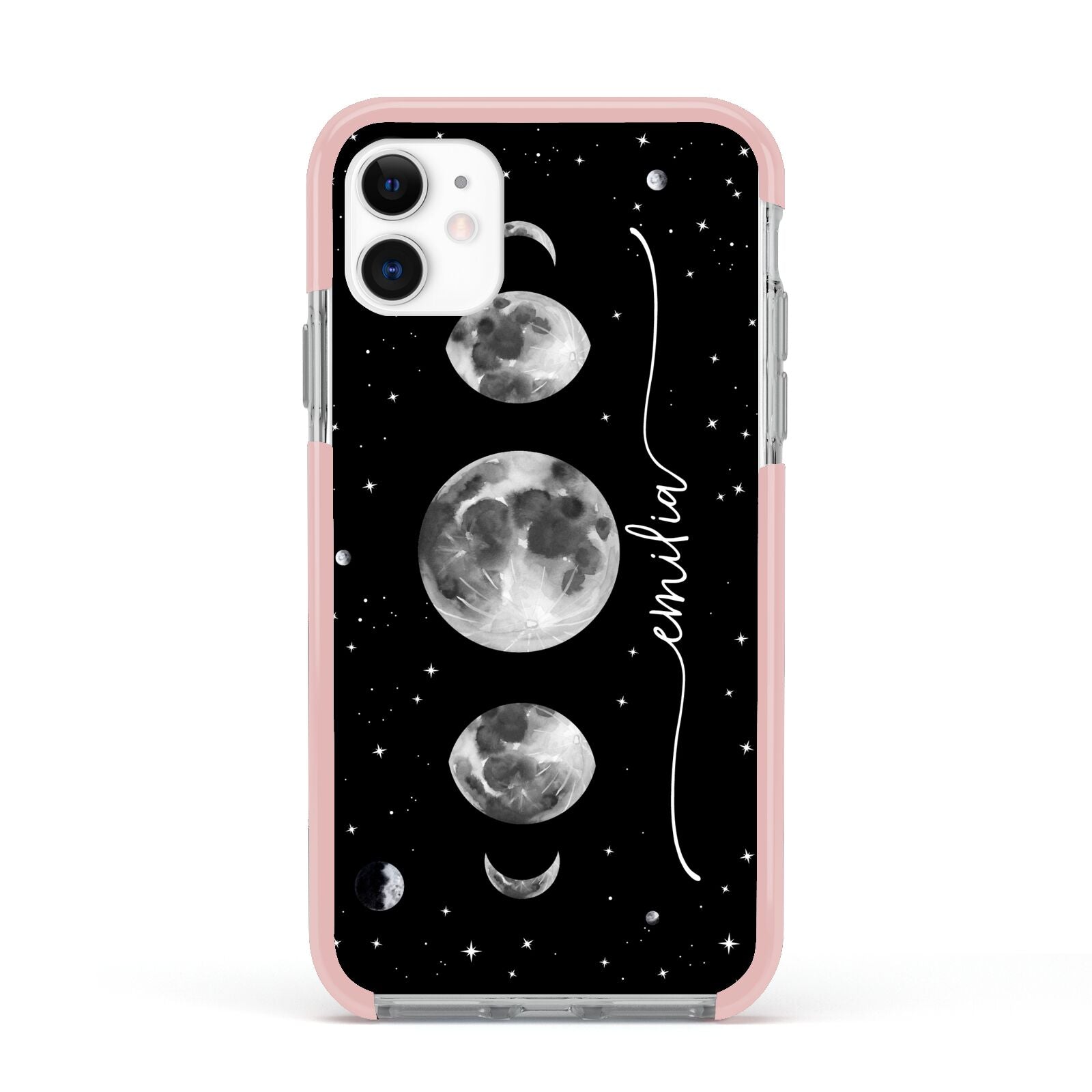 Moon Phases Personalised Name Apple iPhone 11 in White with Pink Impact Case
