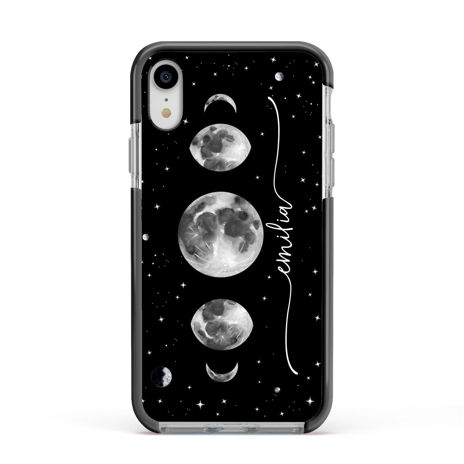 Moon Phases Personalised Name Apple iPhone XR Impact Case Black Edge on Silver Phone