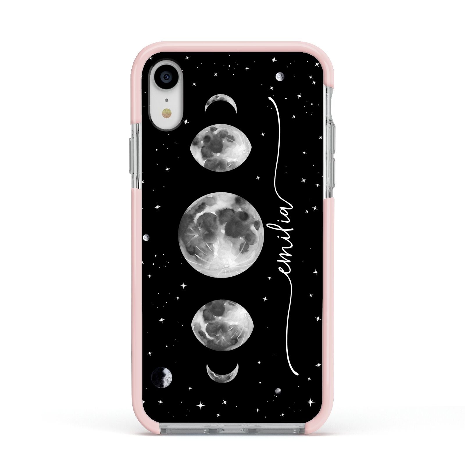 Moon Phases Personalised Name Apple iPhone XR Impact Case Pink Edge on Silver Phone