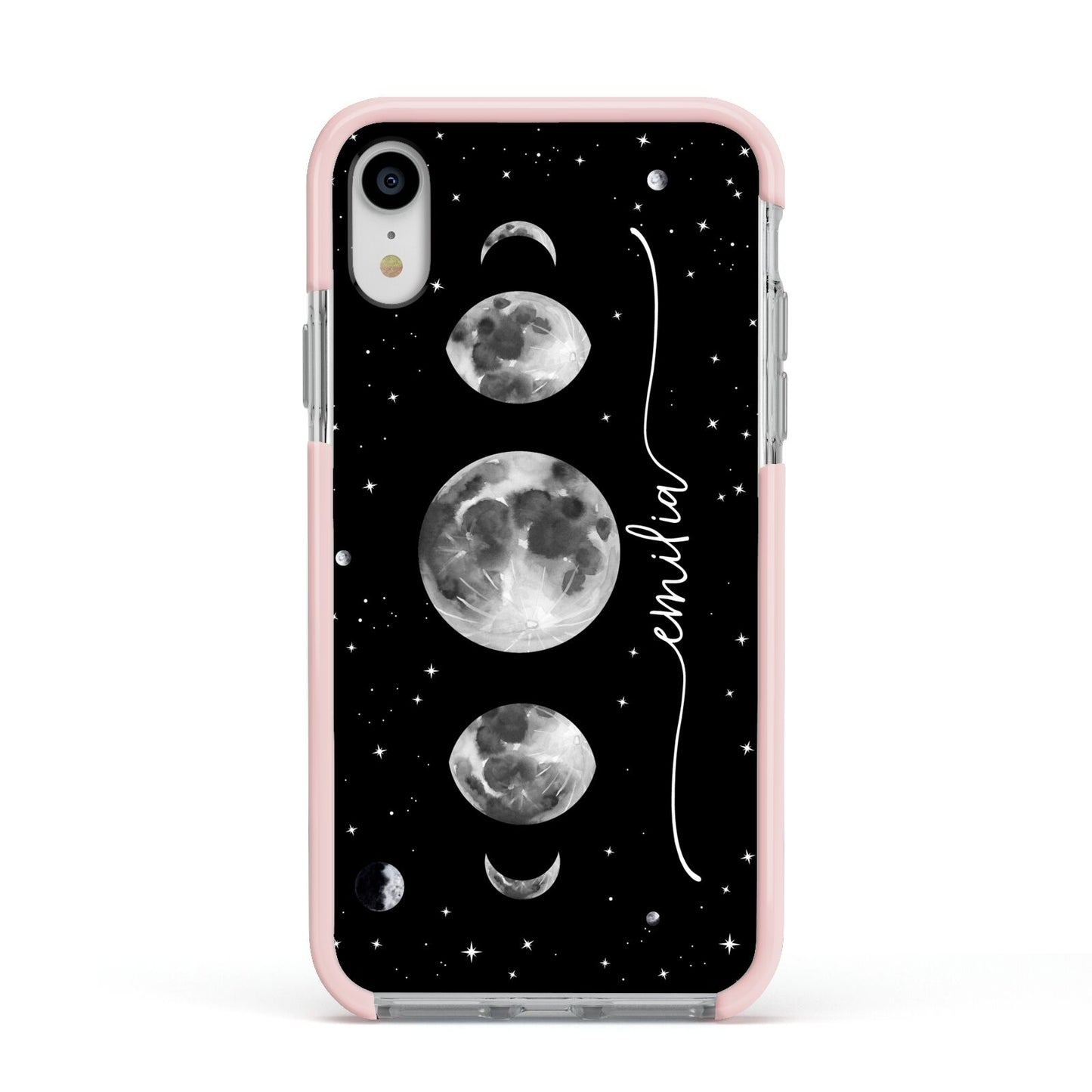 Moon Phases Personalised Name Apple iPhone XR Impact Case Pink Edge on Silver Phone