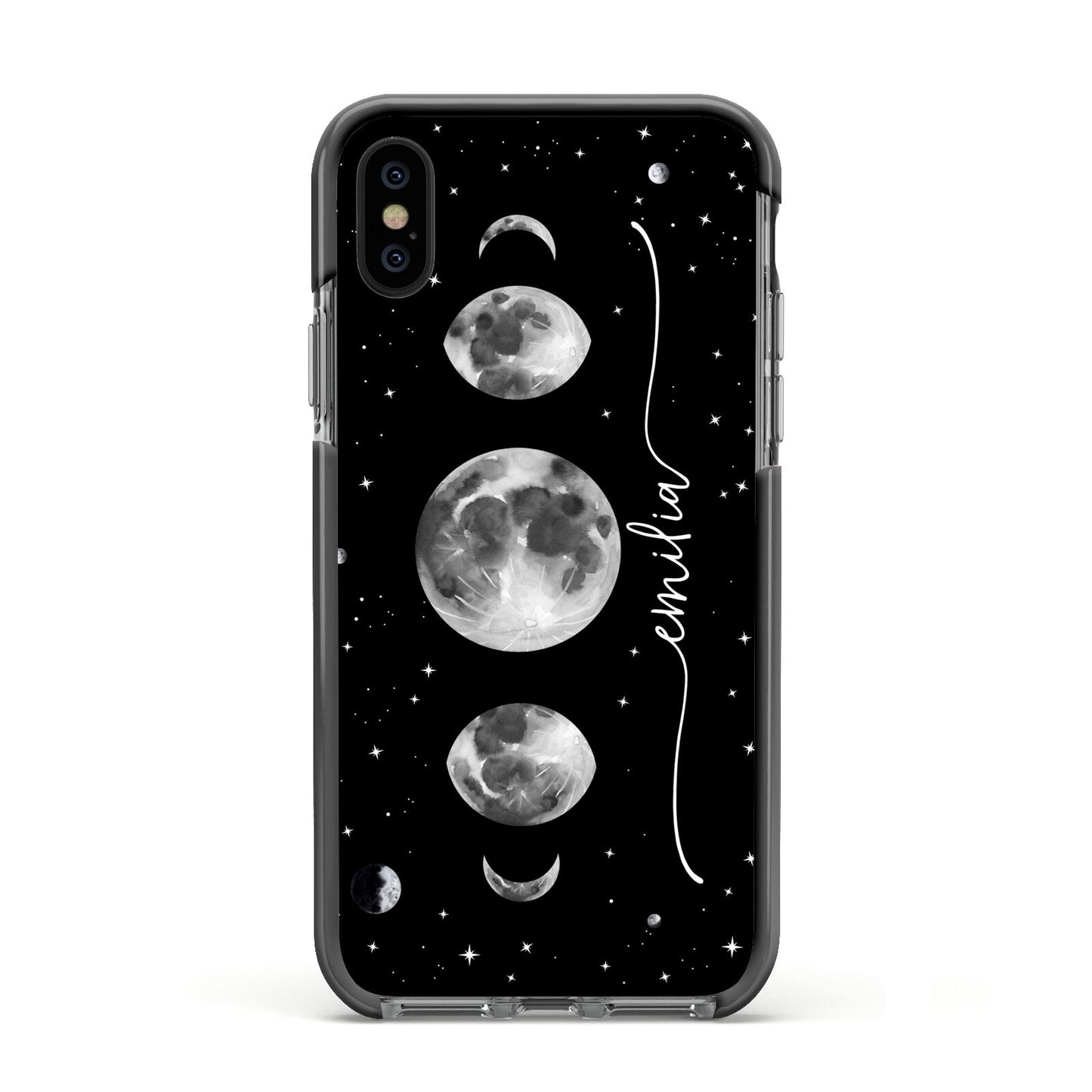 Moon Phases Personalised Name Apple iPhone Xs Impact Case Black Edge on Black Phone