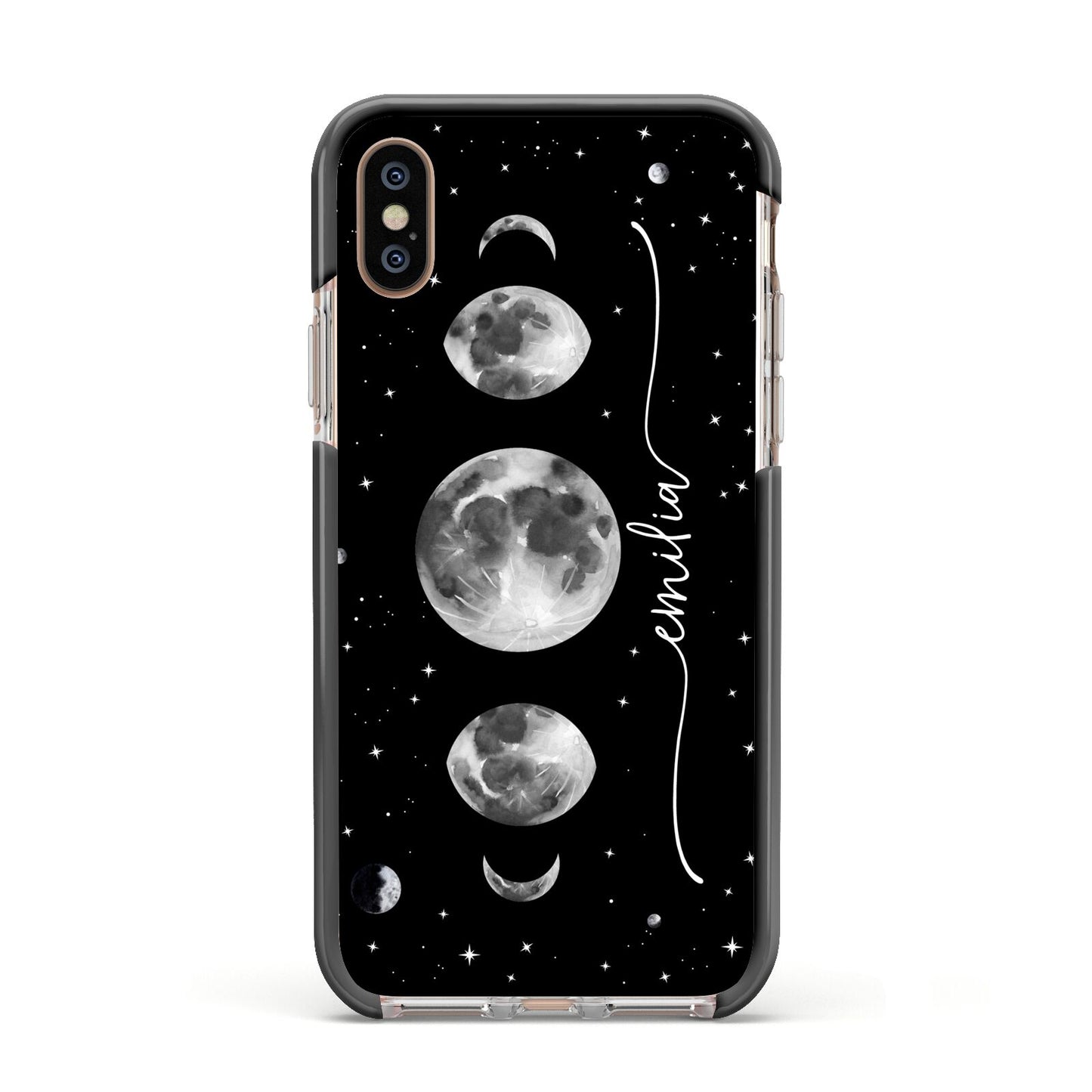 Moon Phases Personalised Name Apple iPhone Xs Impact Case Black Edge on Gold Phone
