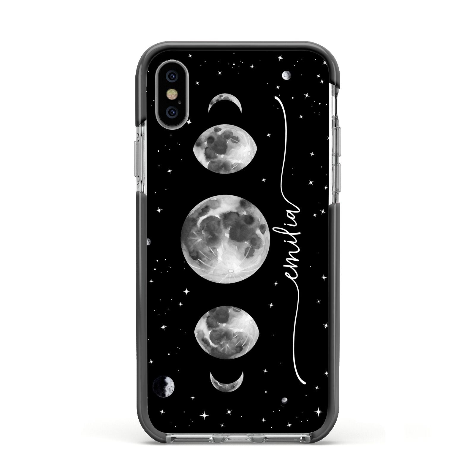 Moon Phases Personalised Name Apple iPhone Xs Impact Case Black Edge on Silver Phone