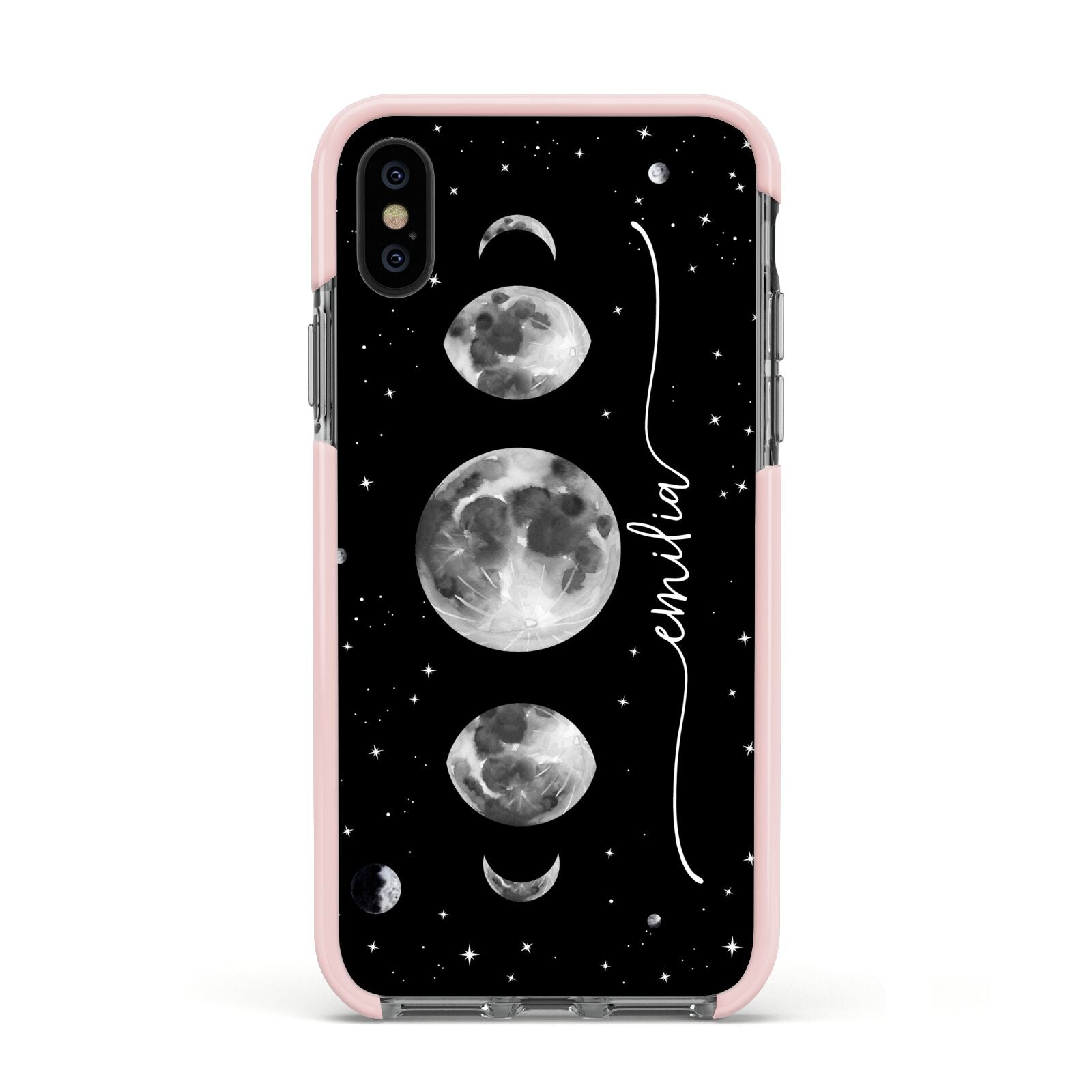 Moon Phases Personalised Name Apple iPhone Xs Impact Case Pink Edge on Black Phone