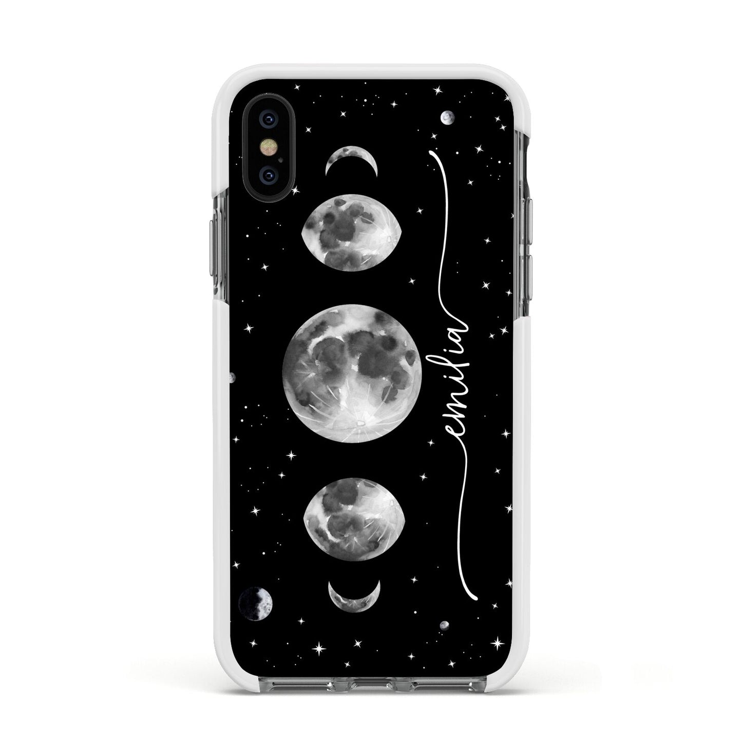 Moon Phases Personalised Name Apple iPhone Xs Impact Case White Edge on Black Phone