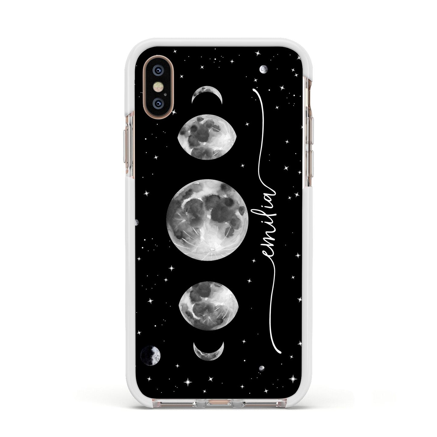 Moon Phases Personalised Name Apple iPhone Xs Impact Case White Edge on Gold Phone