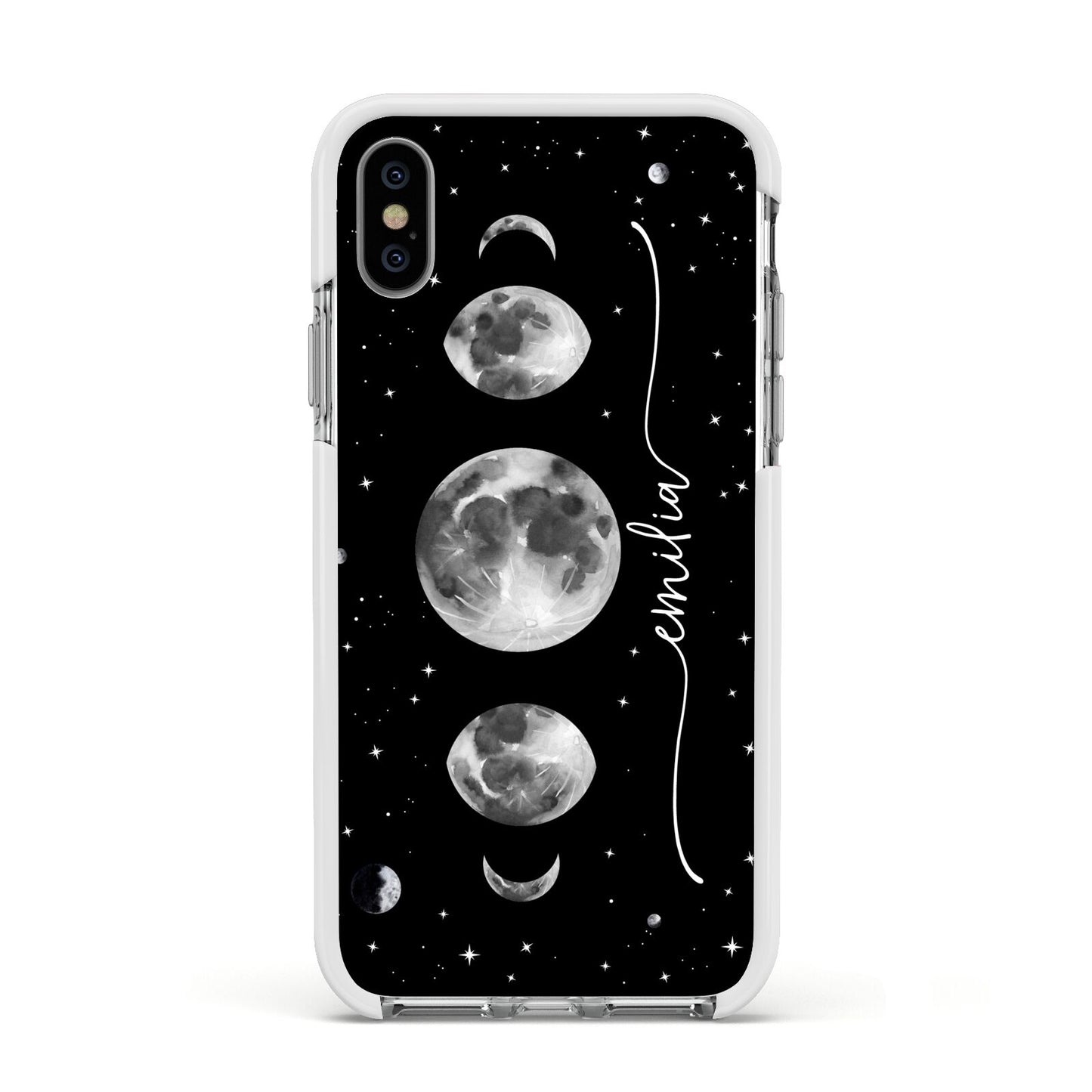Moon Phases Personalised Name Apple iPhone Xs Impact Case White Edge on Silver Phone
