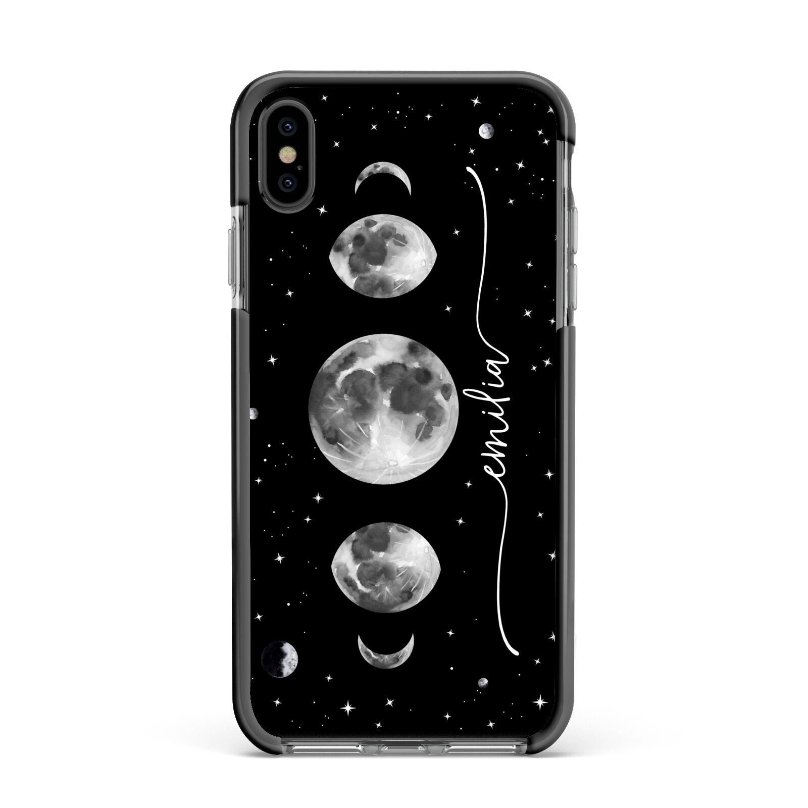 Moon Phases Personalised Name Apple iPhone Xs Max Impact Case Black Edge on Black Phone