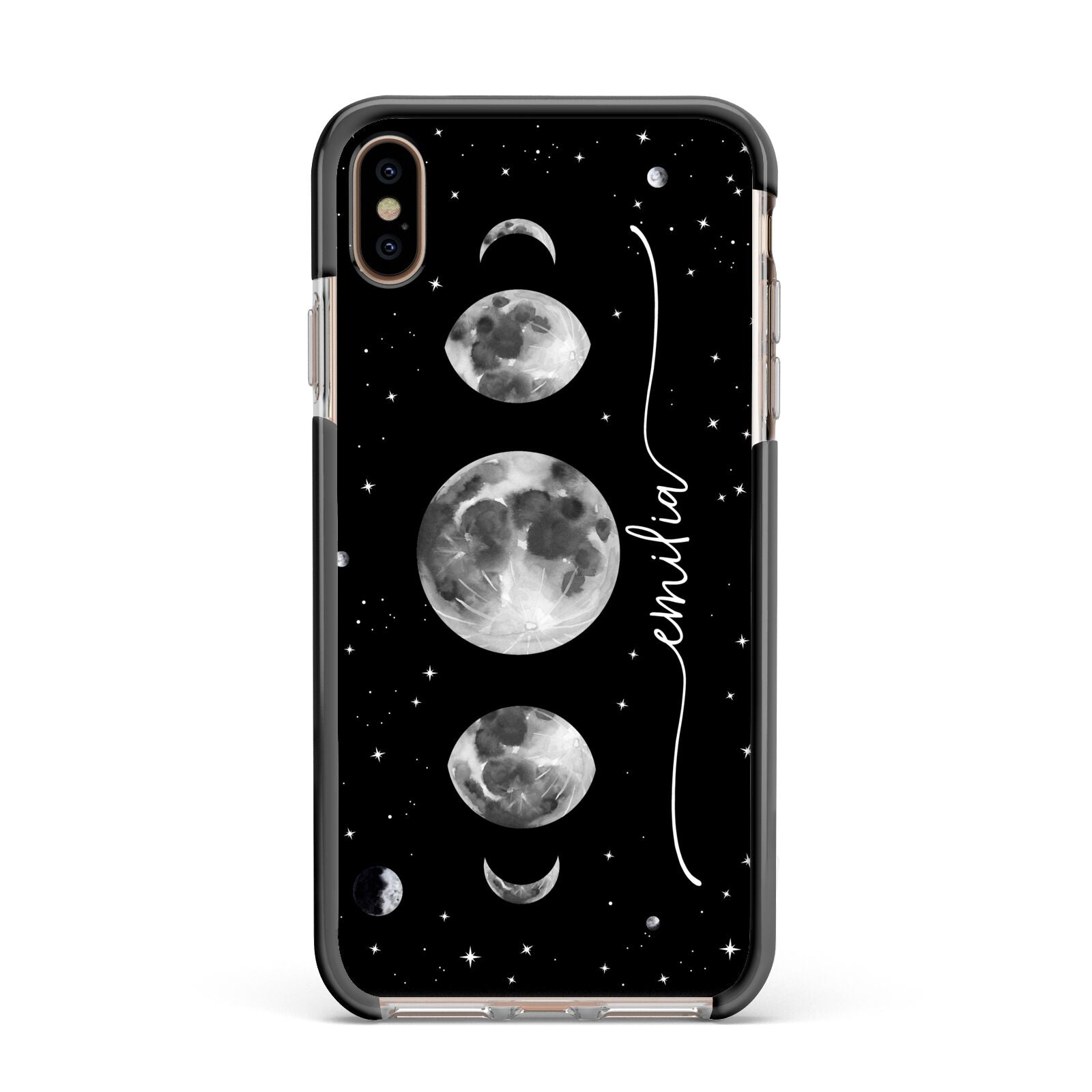 Moon Phases Personalised Name Apple iPhone Xs Max Impact Case Black Edge on Gold Phone