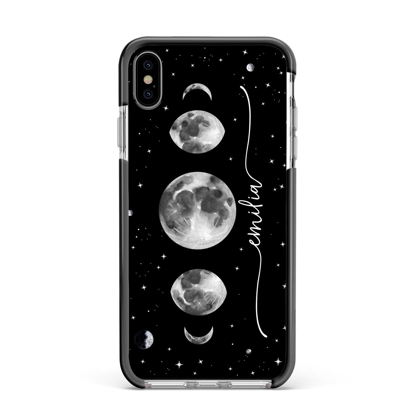Moon Phases Personalised Name Apple iPhone Xs Max Impact Case Black Edge on Silver Phone