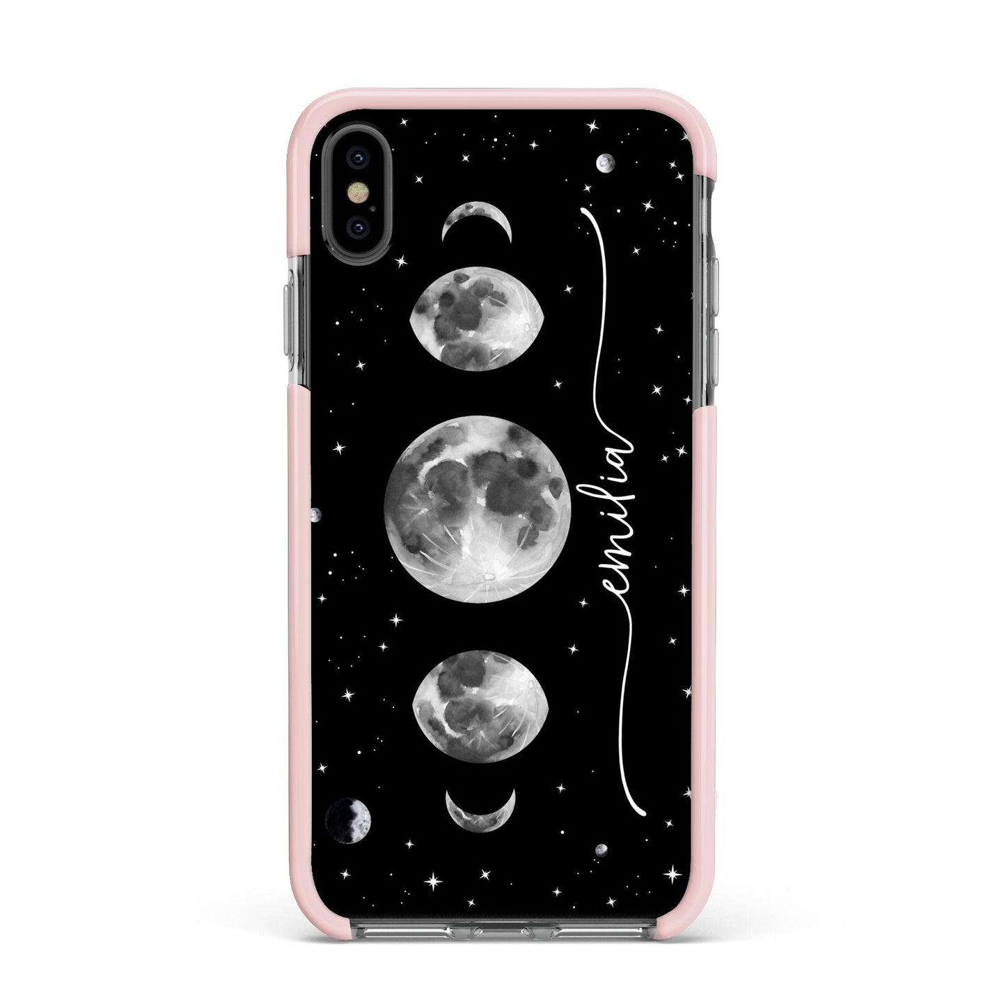 Moon Phases Personalised Name Apple iPhone Xs Max Impact Case Pink Edge on Black Phone