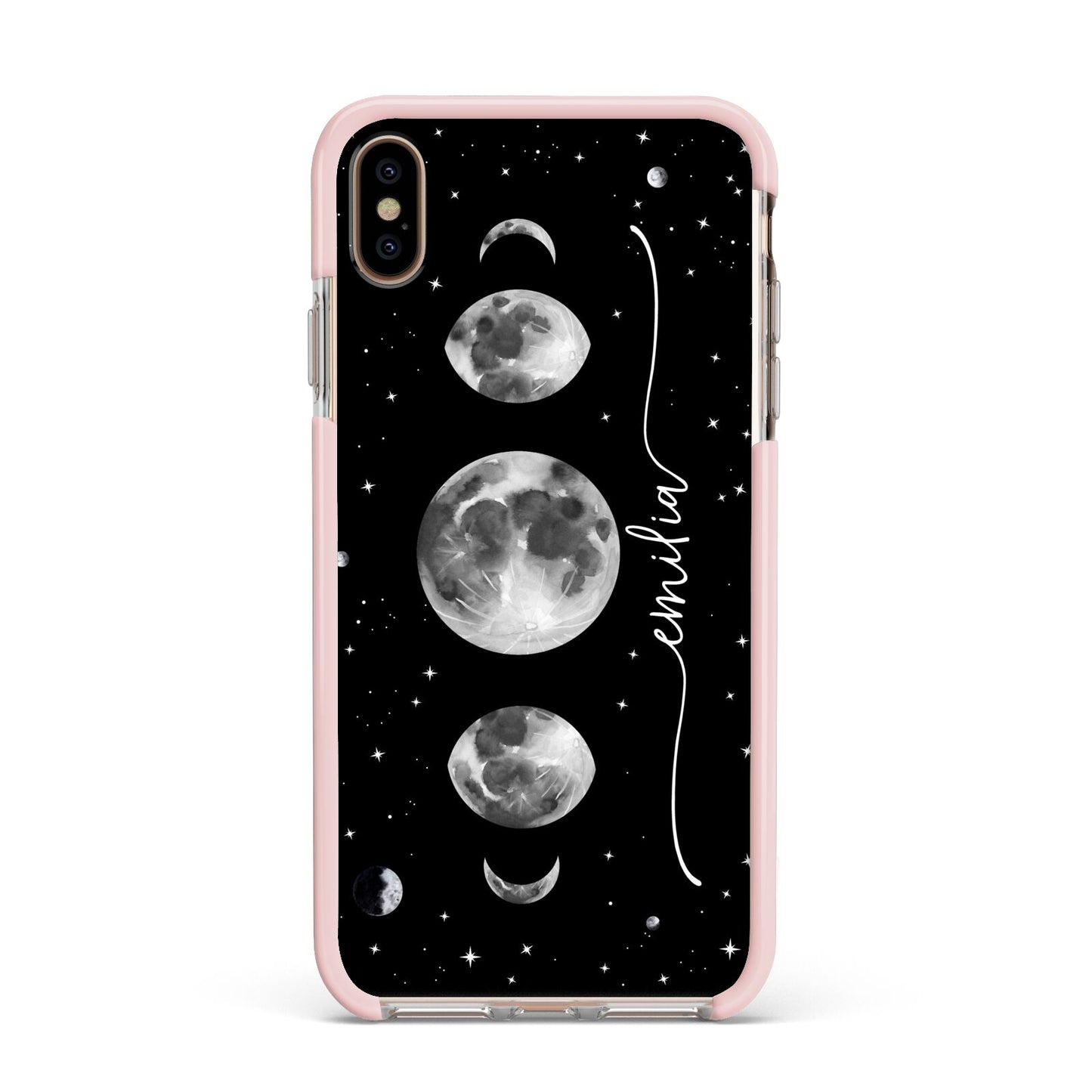 Moon Phases Personalised Name Apple iPhone Xs Max Impact Case Pink Edge on Gold Phone