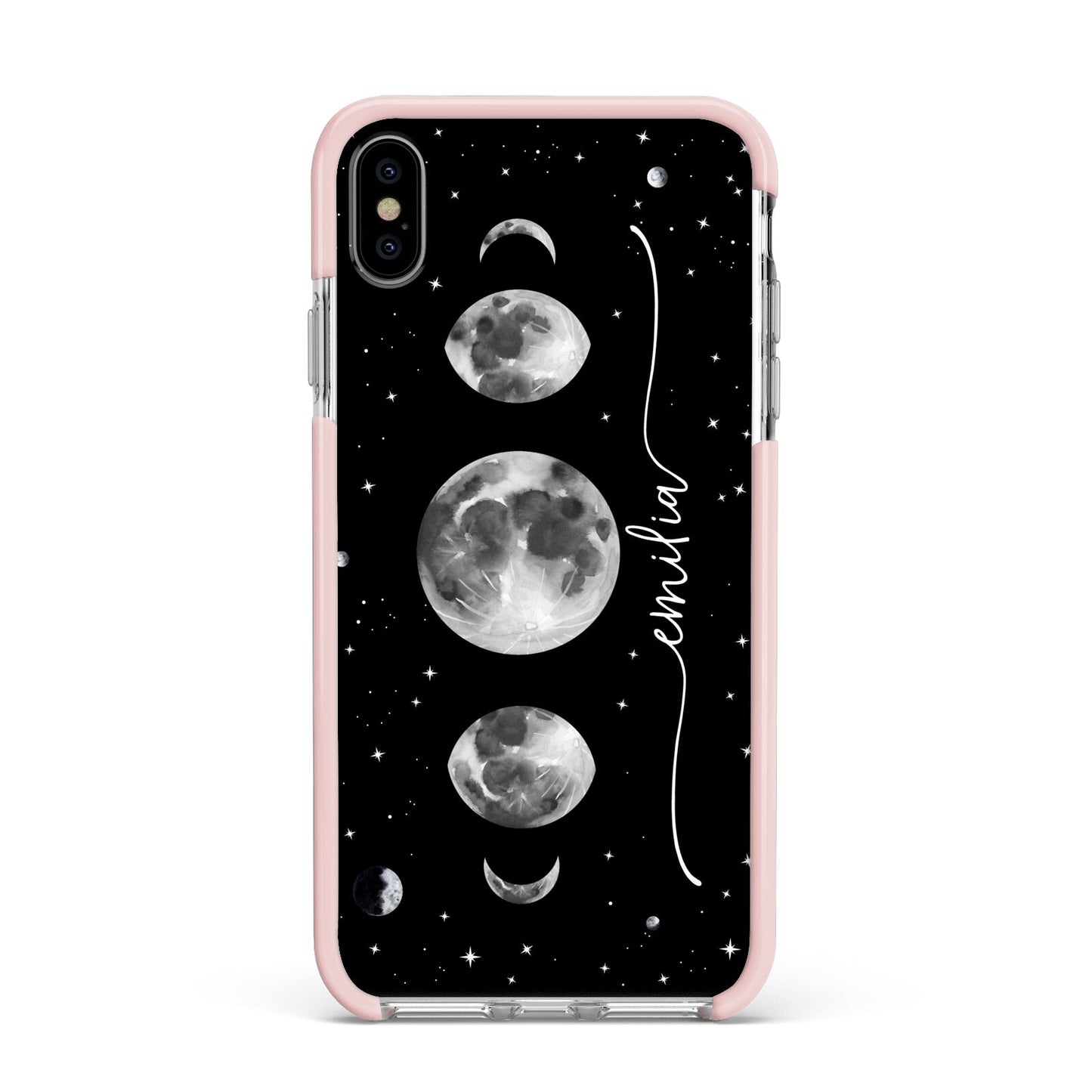 Moon Phases Personalised Name Apple iPhone Xs Max Impact Case Pink Edge on Silver Phone