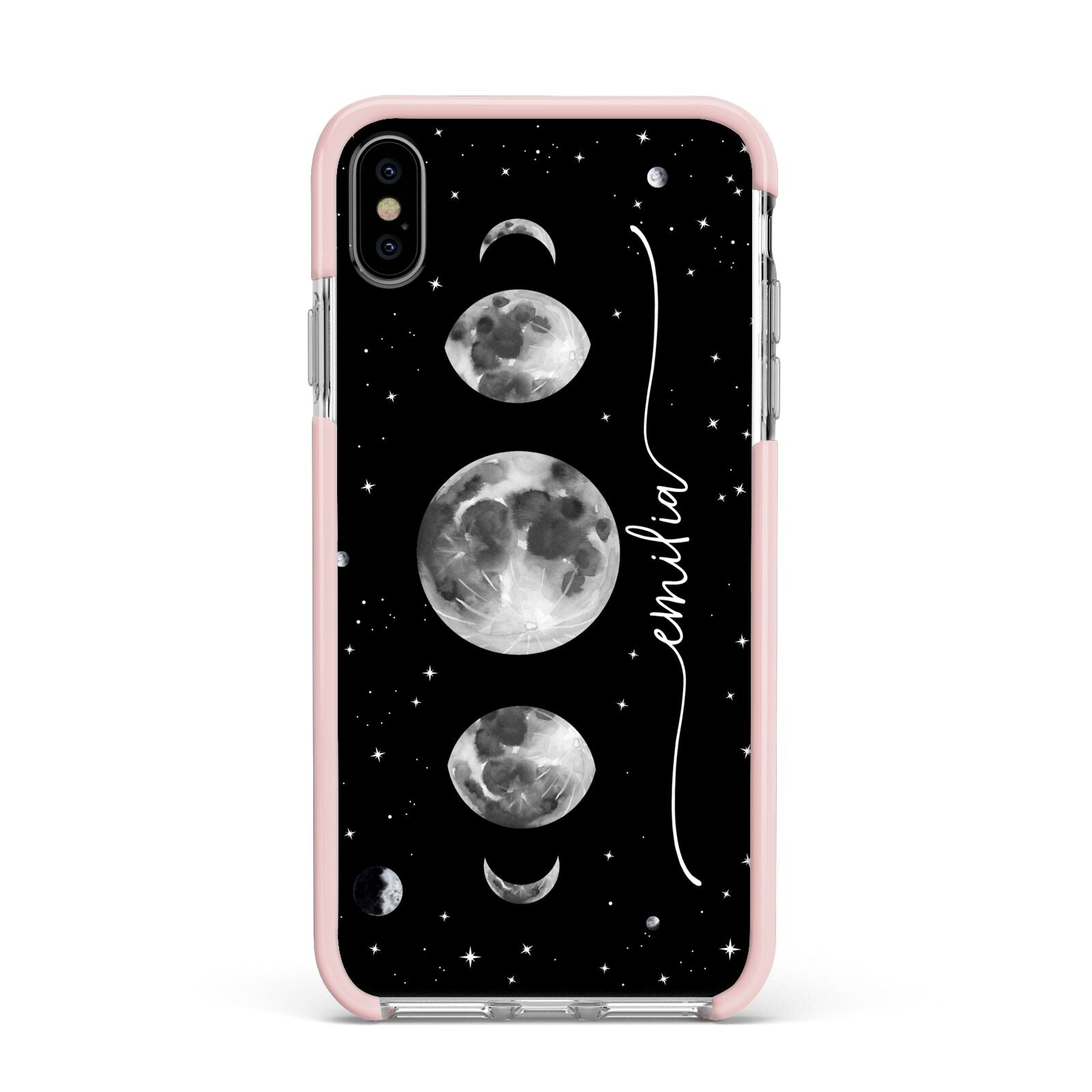 Moon Phases Personalised Name Apple iPhone Xs Max Impact Case Pink Edge on Silver Phone
