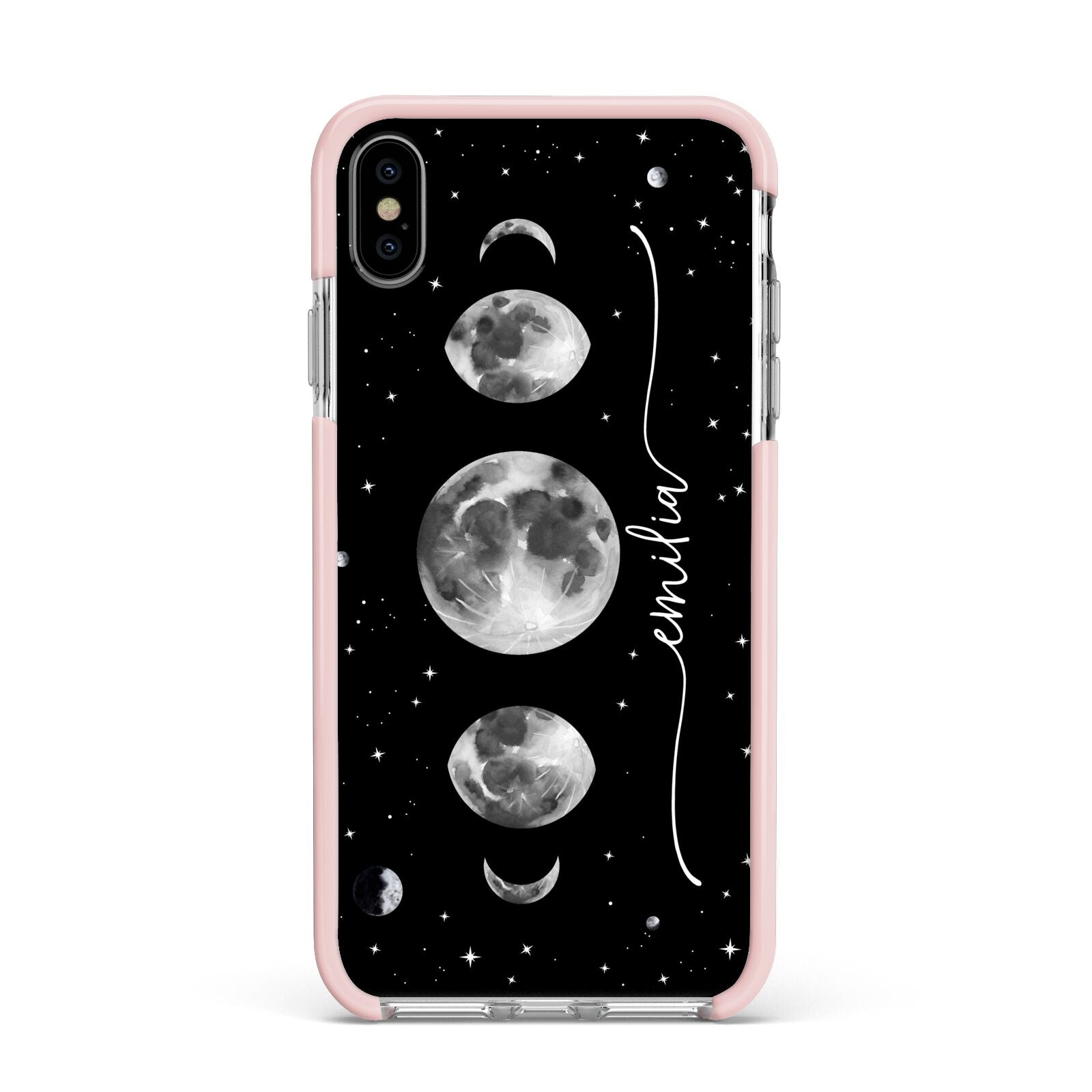 Moon Phases Personalised Name Apple iPhone Xs Max Impact Case Pink Edge on Silver Phone