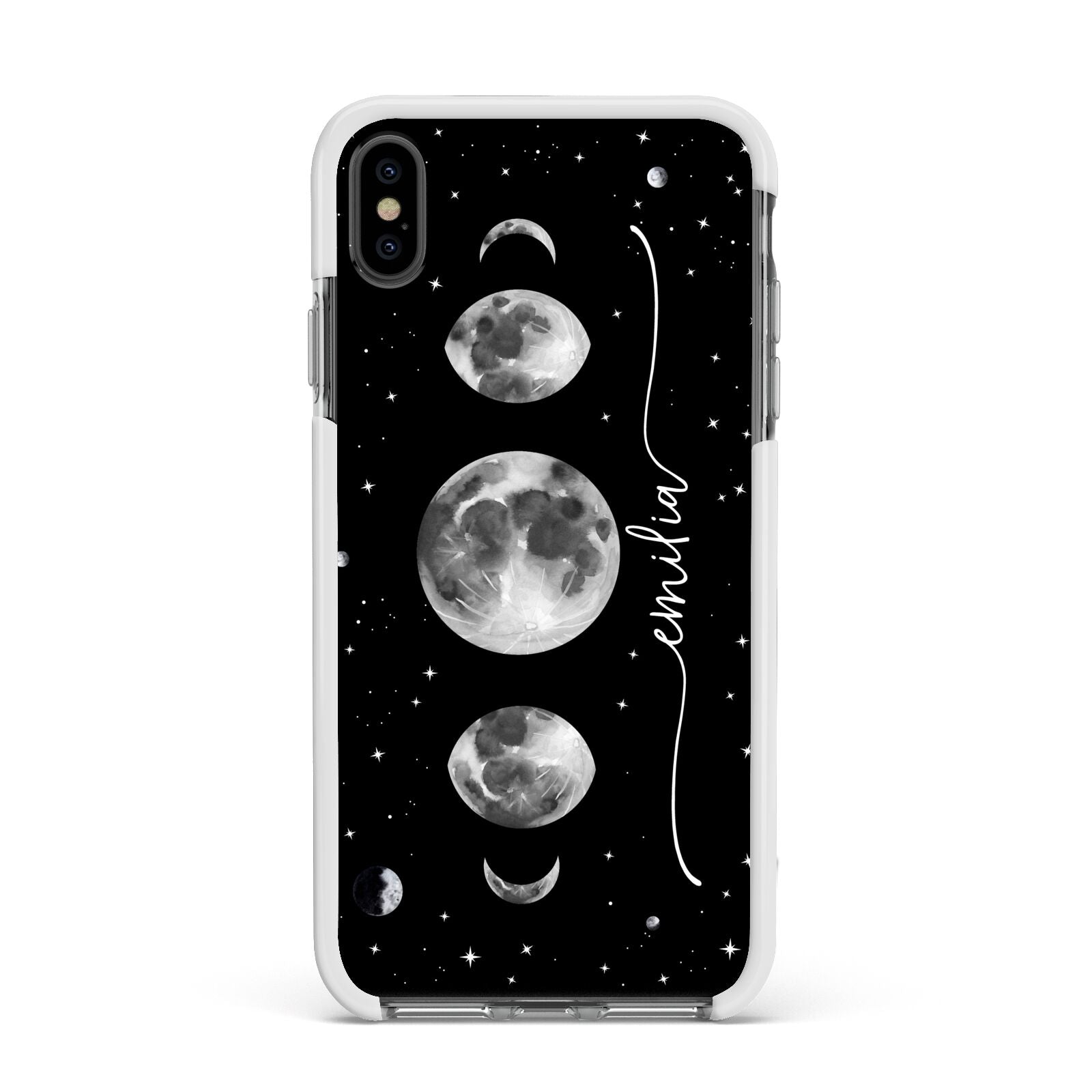 Moon Phases Personalised Name Apple iPhone Xs Max Impact Case White Edge on Black Phone