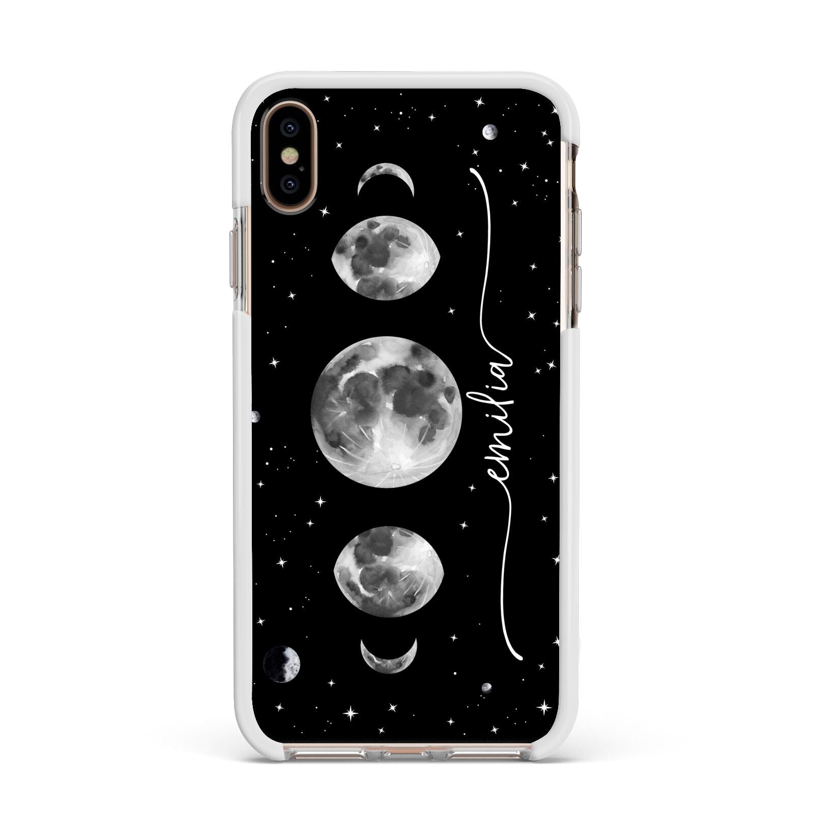 Moon Phases Personalised Name Apple iPhone Xs Max Impact Case White Edge on Gold Phone
