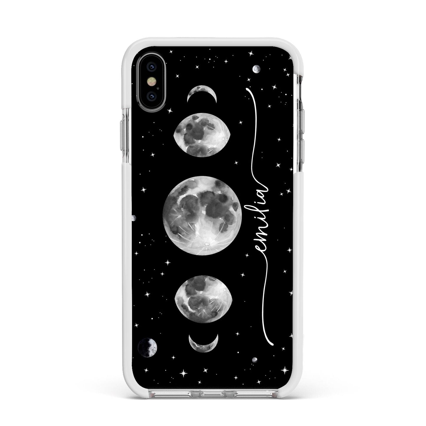 Moon Phases Personalised Name Apple iPhone Xs Max Impact Case White Edge on Silver Phone