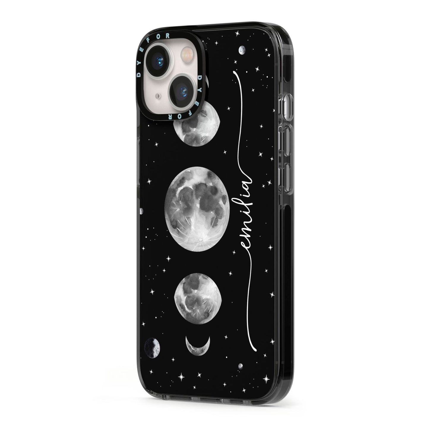 Moon Phases Personalised Name iPhone 13 Black Impact Case Side Angle on Silver phone