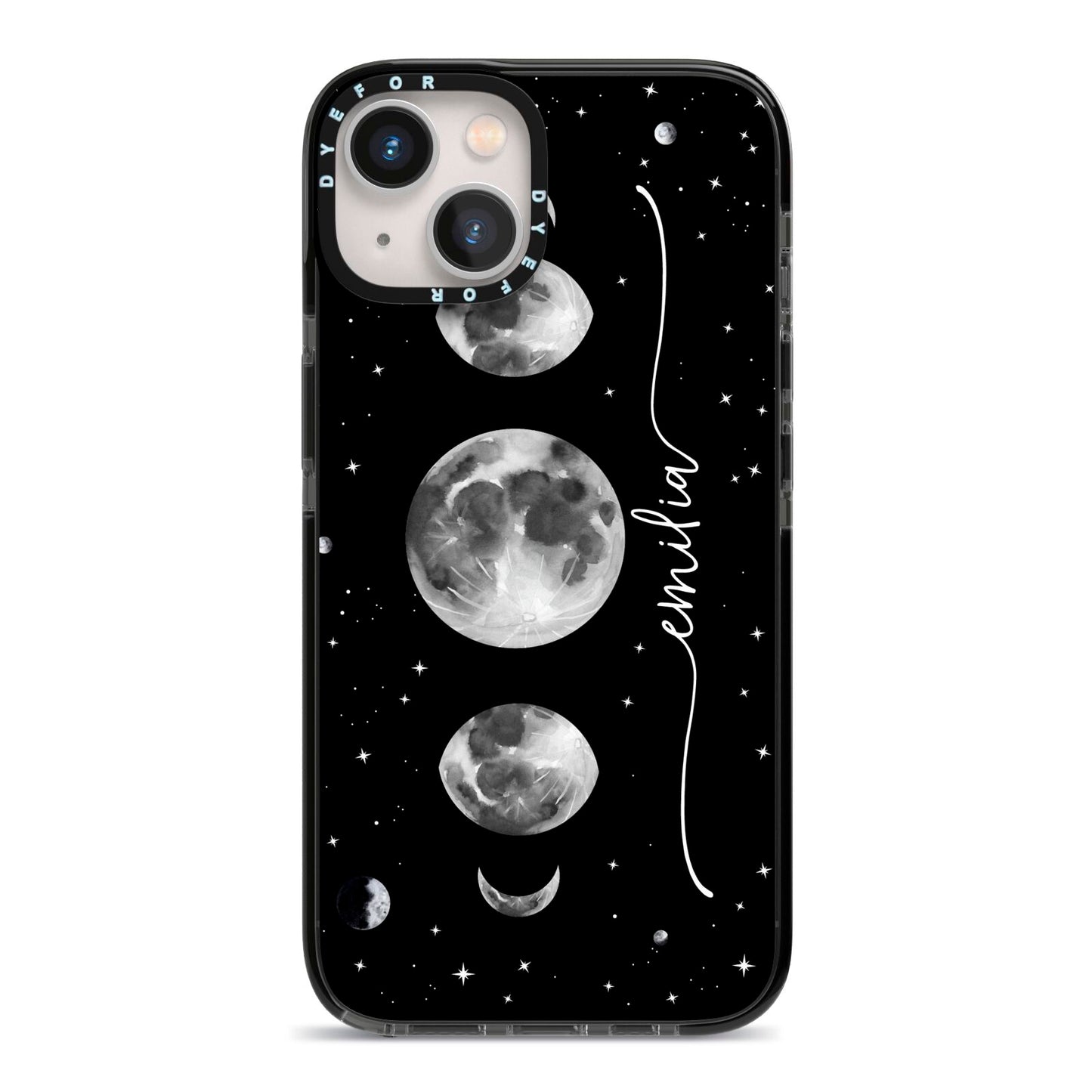 Moon Phases Personalised Name iPhone 13 Black Impact Case on Silver phone
