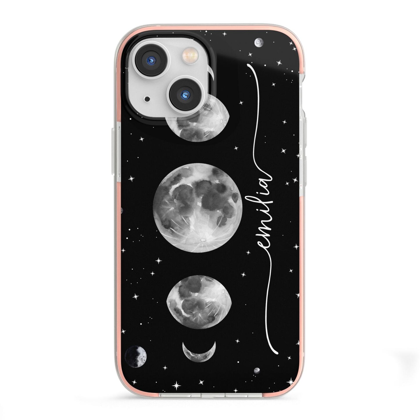 Moon Phases Personalised Name iPhone 13 Mini TPU Impact Case with Pink Edges
