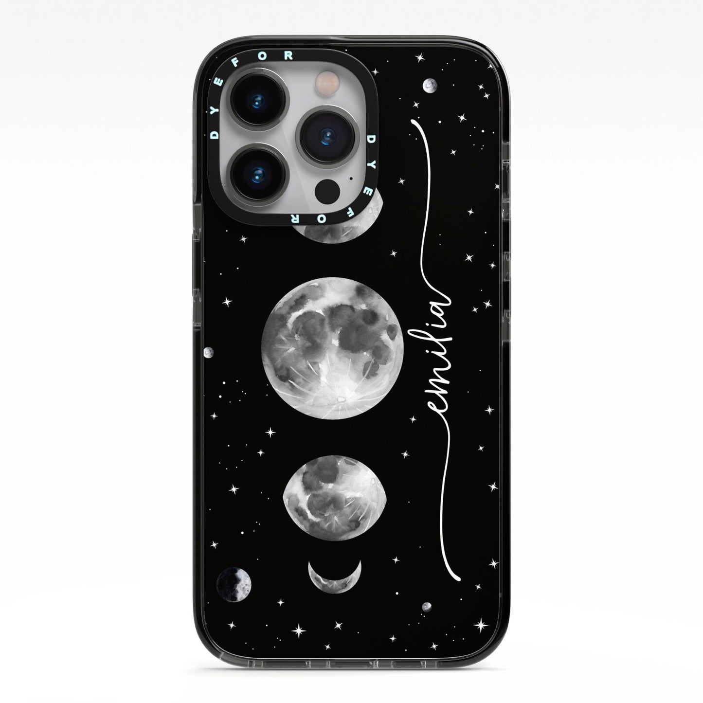 Moon Phases Personalised Name iPhone 13 Pro Black Impact Case on Silver phone