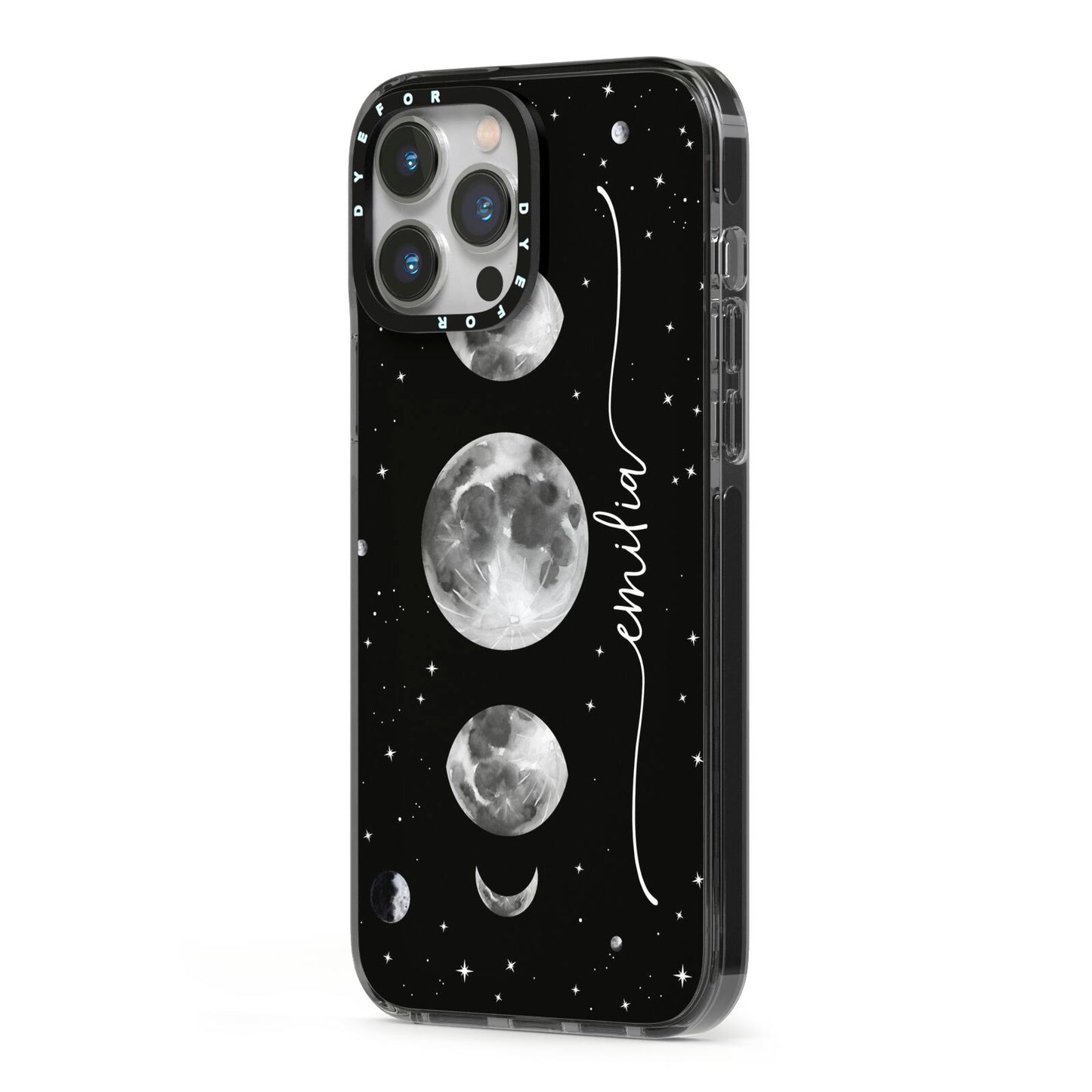 Moon Phases Personalised Name iPhone 13 Pro Max Black Impact Case Side Angle on Silver phone