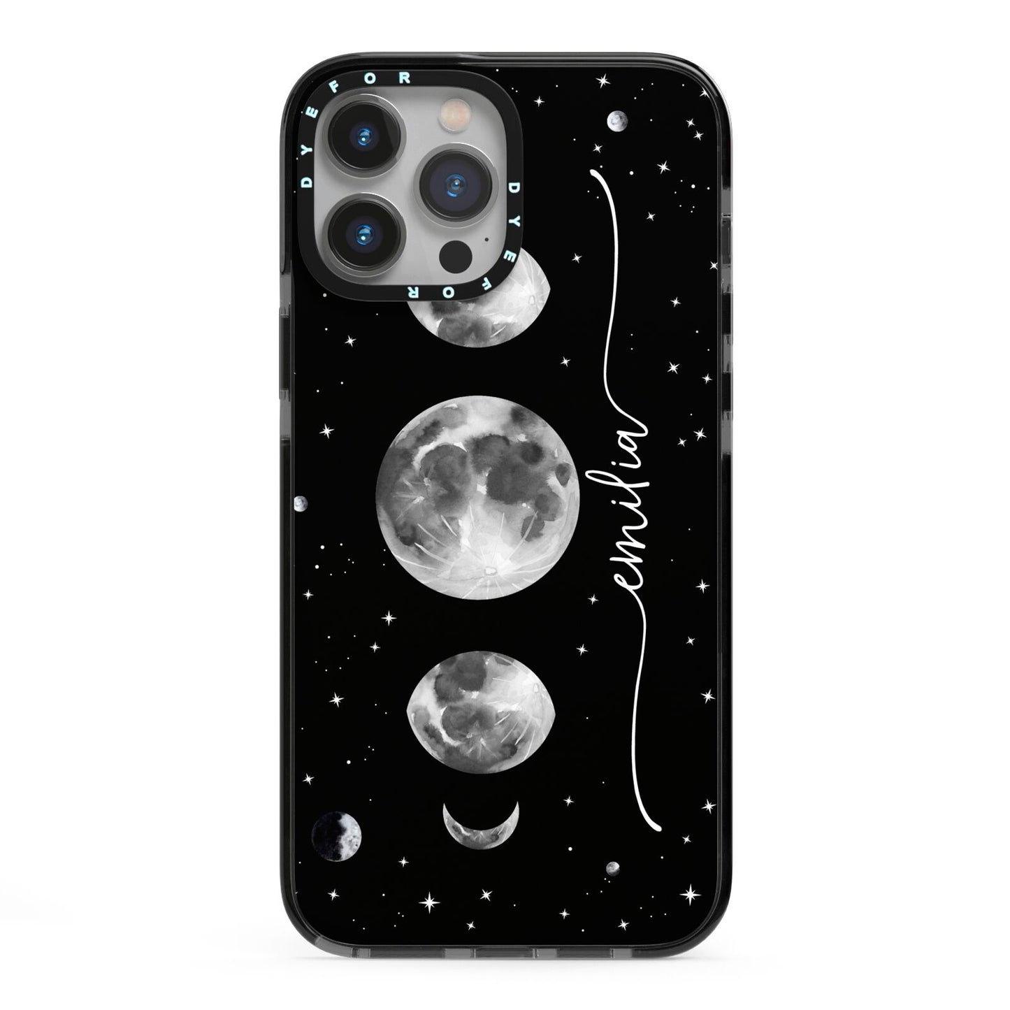 Moon Phases Personalised Name iPhone 13 Pro Max Black Impact Case on Silver phone