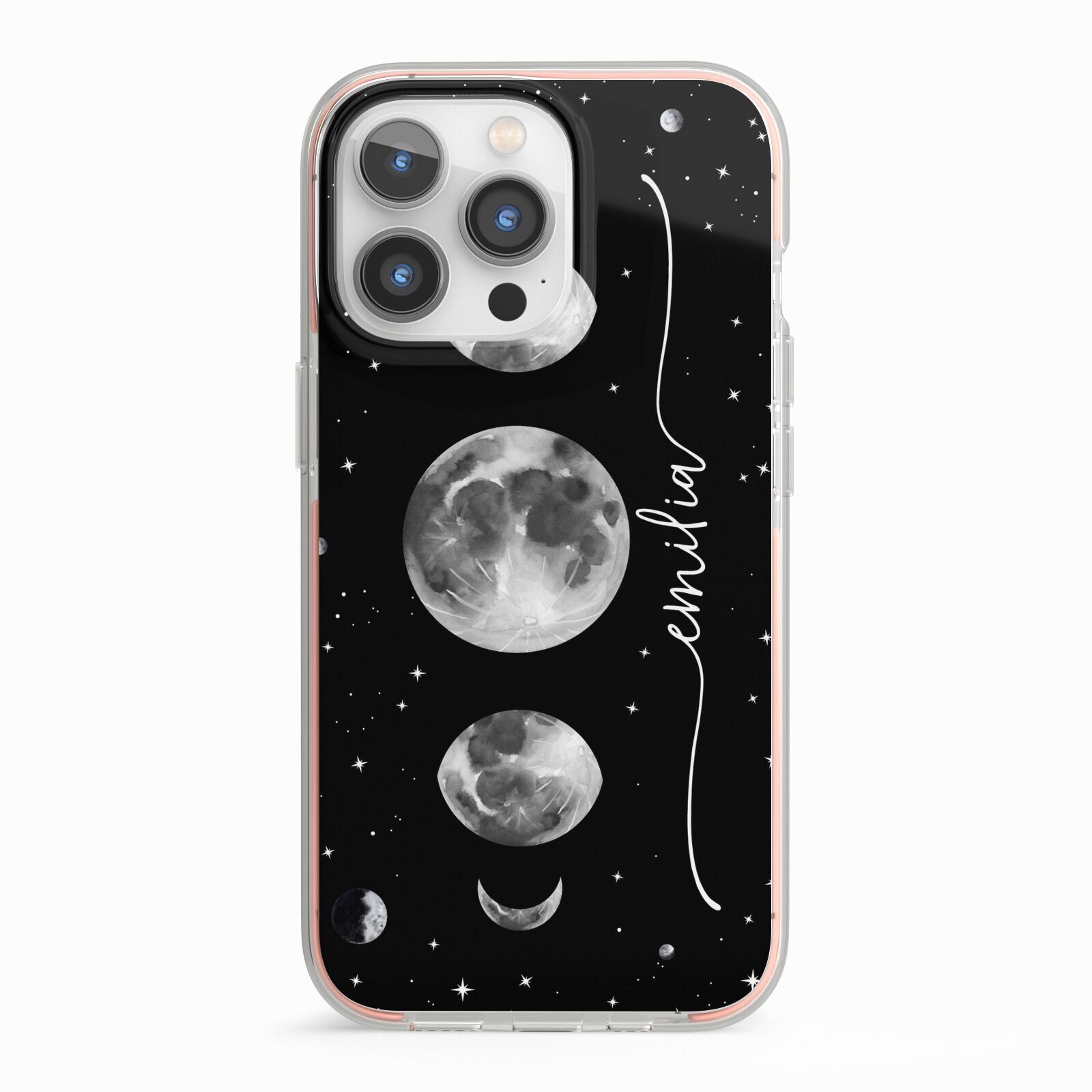 Moon Phases Personalised Name iPhone 13 Pro TPU Impact Case with Pink Edges
