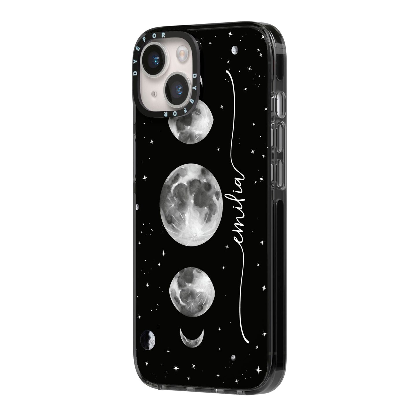 Moon Phases Personalised Name iPhone 14 Black Impact Case Side Angle on Silver phone