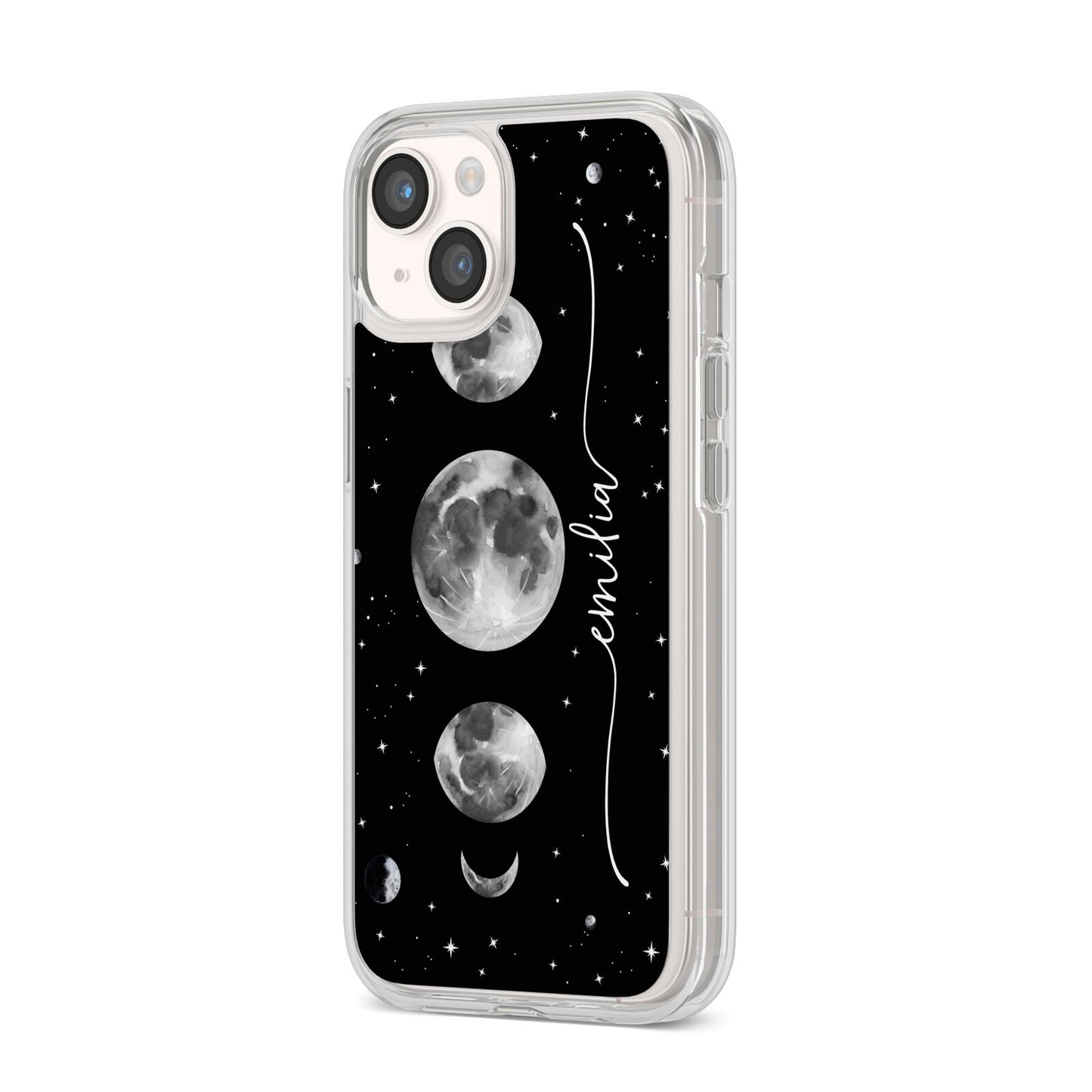 Moon Phases Personalised Name iPhone 14 Clear Tough Case Starlight Angled Image