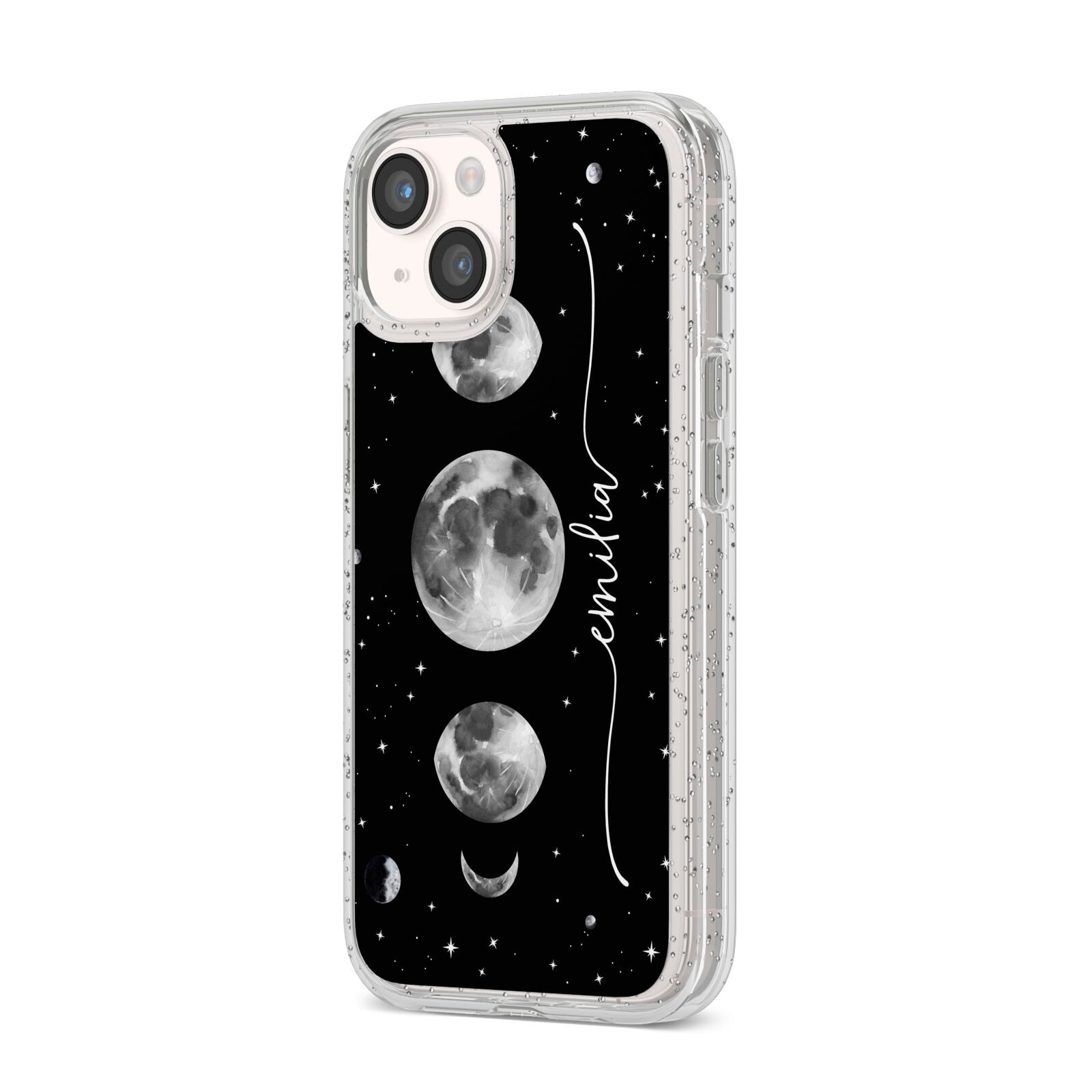 Moon Phases Personalised Name iPhone 14 Glitter Tough Case Starlight Angled Image