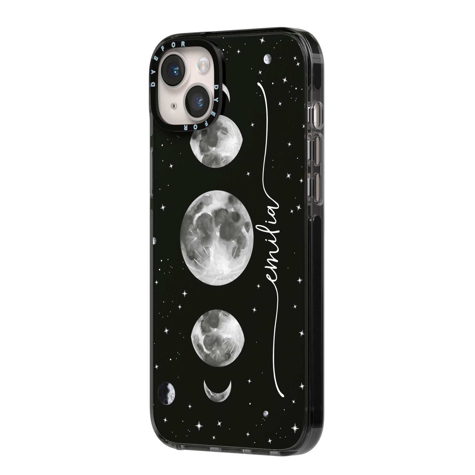 Moon Phases Personalised Name iPhone 14 Plus Black Impact Case Side Angle on Silver phone
