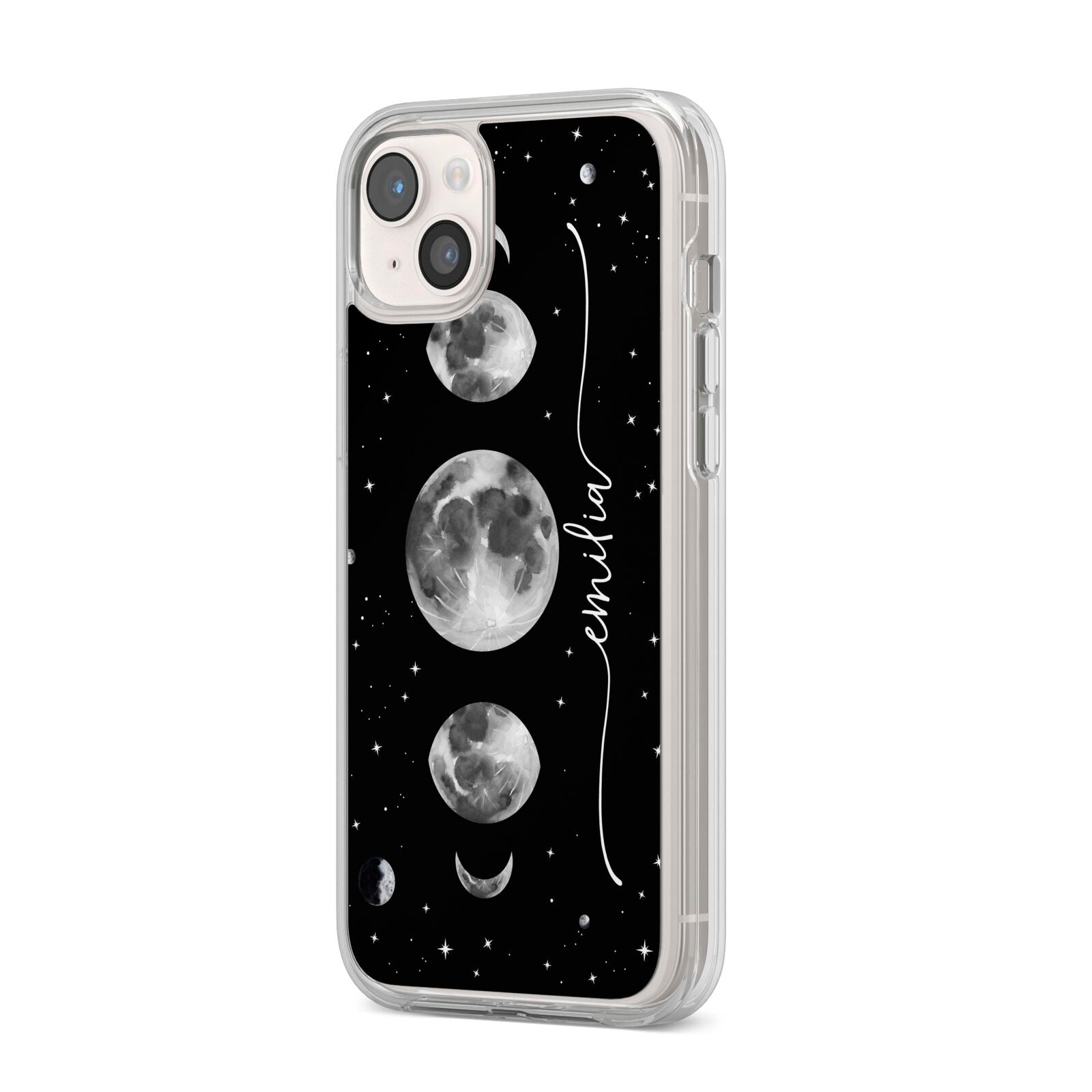 Moon Phases Personalised Name iPhone 14 Plus Clear Tough Case Starlight Angled Image
