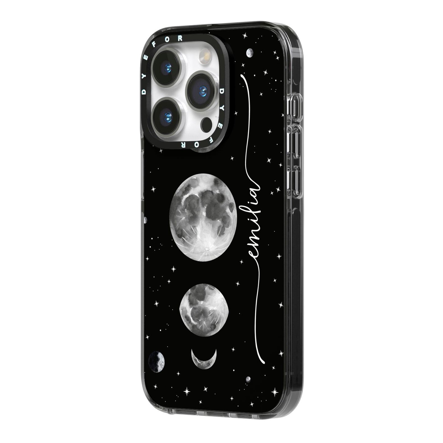 Moon Phases Personalised Name iPhone 14 Pro Black Impact Case Side Angle on Silver phone