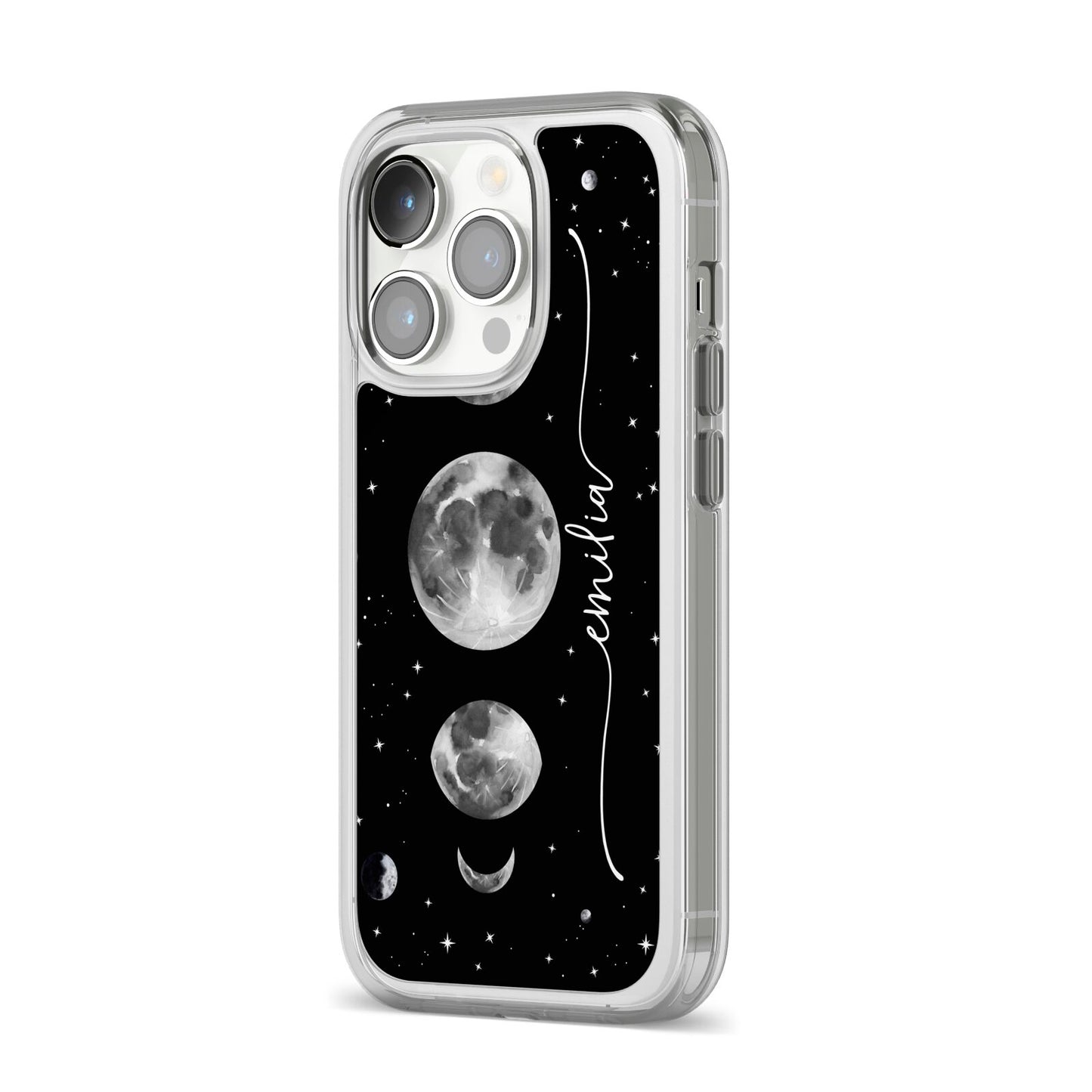 Moon Phases Personalised Name iPhone 14 Pro Clear Tough Case Silver Angled Image