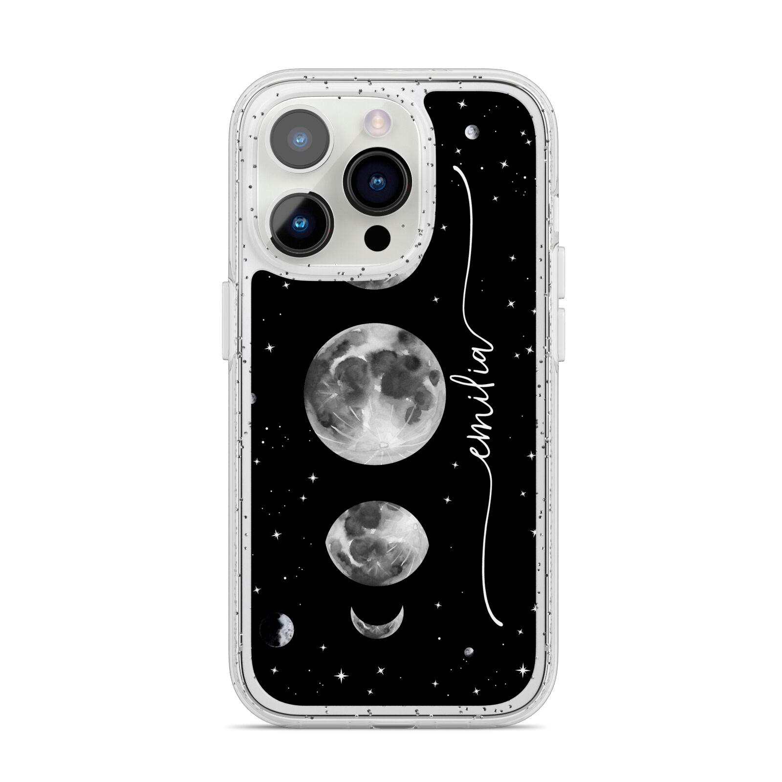 Moon Phases Personalised Name iPhone 14 Pro Glitter Tough Case Silver