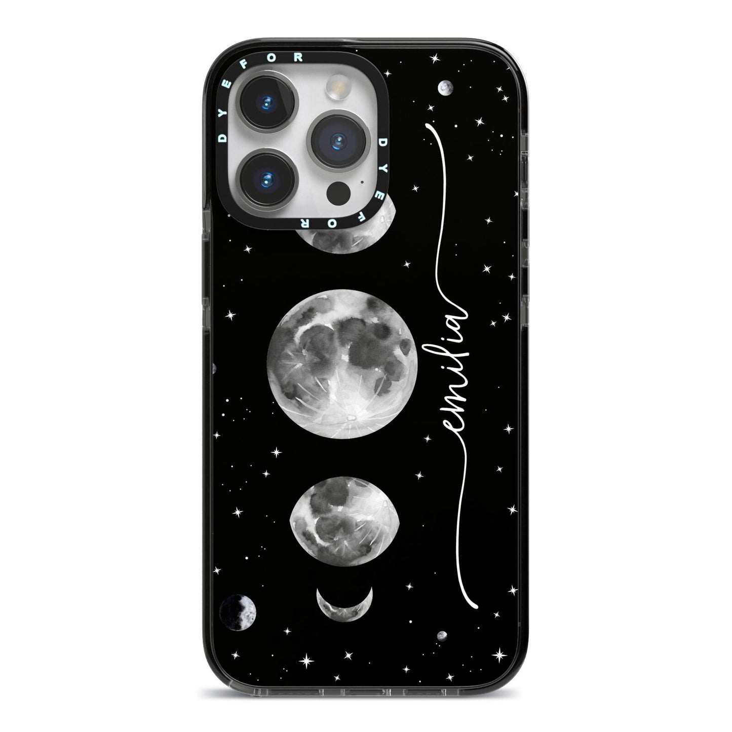 Moon Phases Personalised Name iPhone 14 Pro Max Black Impact Case on Silver phone