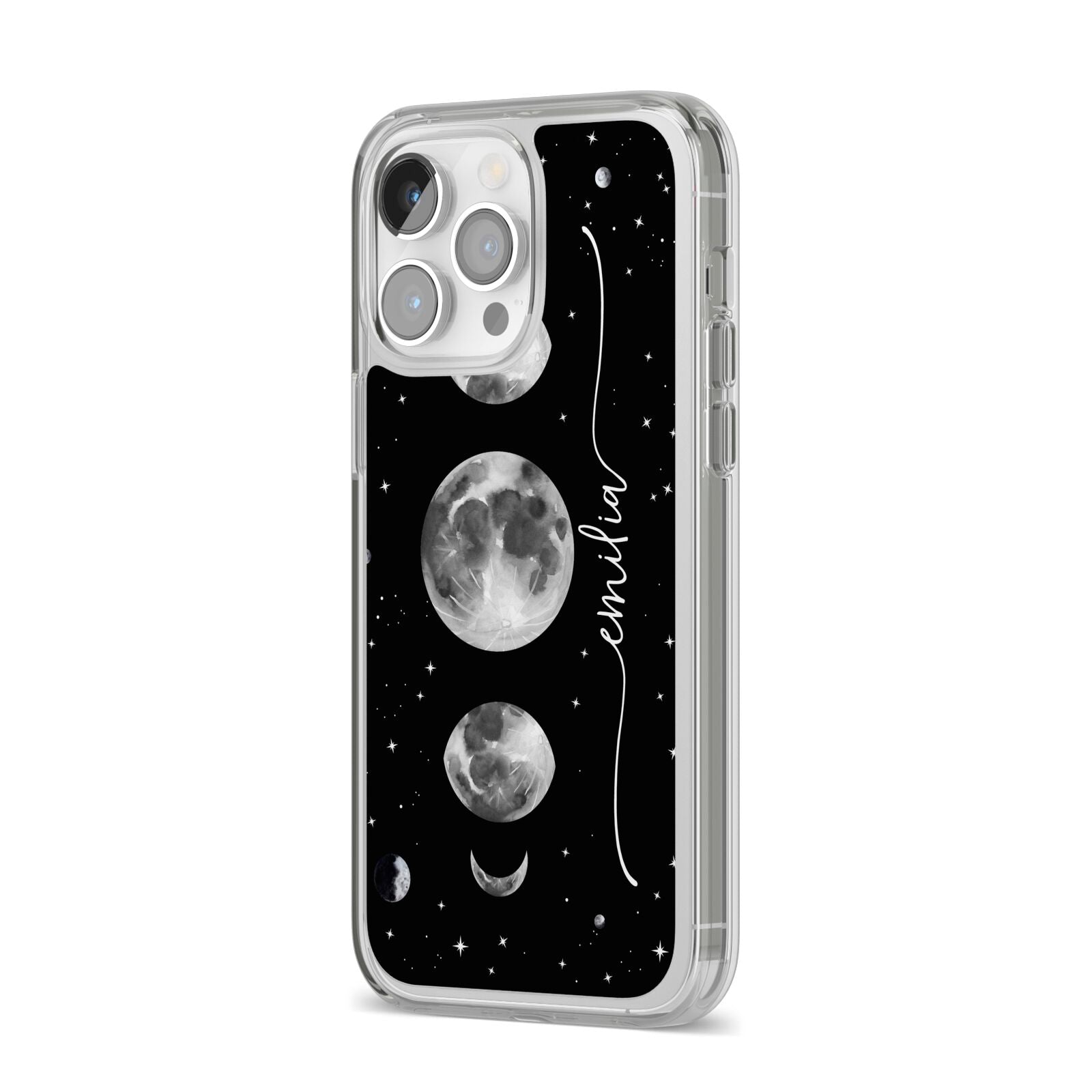 Moon Phases Personalised Name iPhone 14 Pro Max Clear Tough Case Silver Angled Image