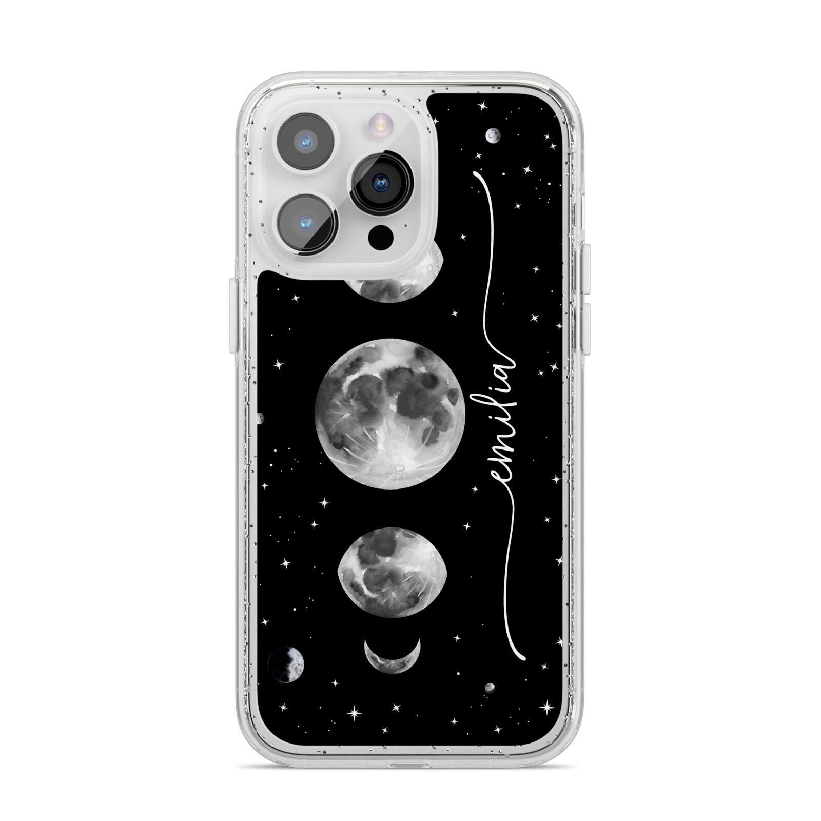 Moon Phases Personalised Name iPhone 14 Pro Max Glitter Tough Case Silver