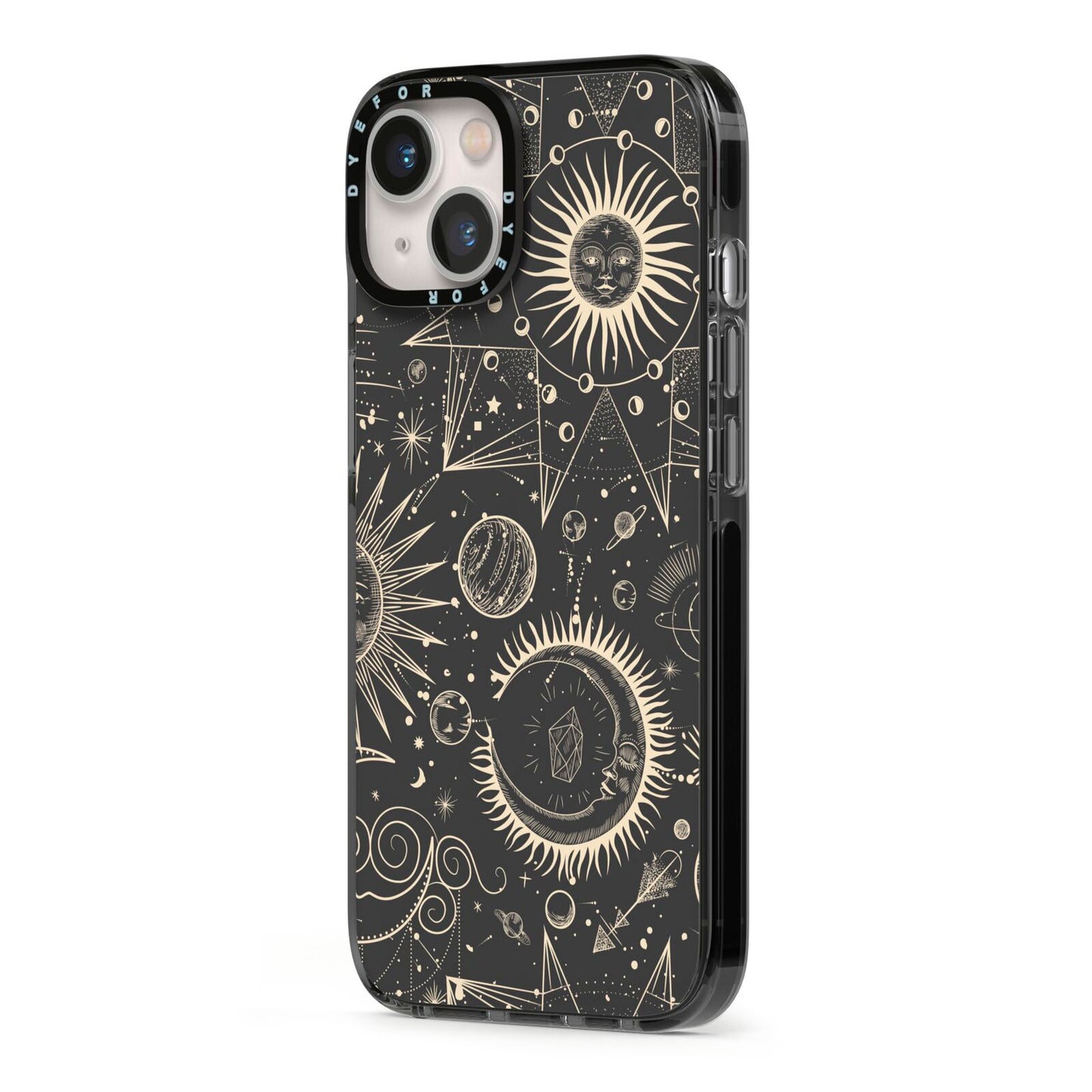 Moon Phases iPhone 13 Black Impact Case Side Angle on Silver phone
